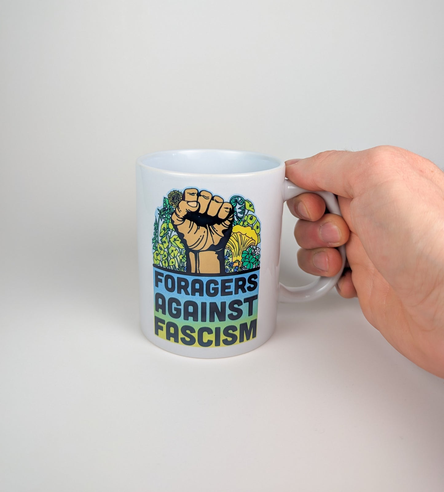 Foragers Against Fascism | Anti-Oligarchy Mushroom Mug | Mushroom Artwork on Ceramic Cup | 11oz/15oz Sizes