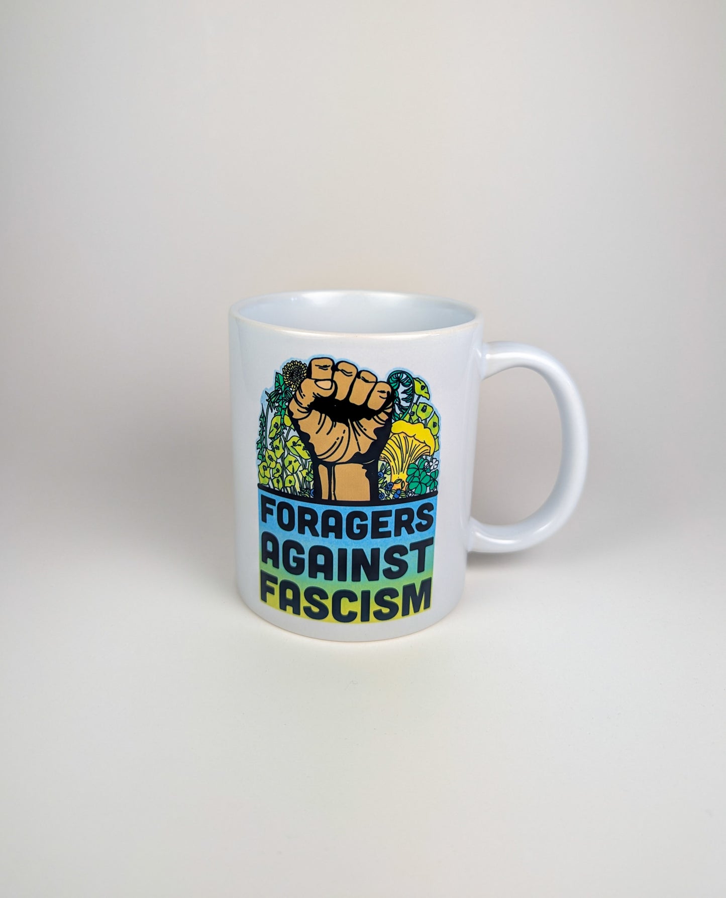 Foragers Against Fascism | Anti-Oligarchy Mushroom Mug | Mushroom Artwork on Ceramic Cup | 11oz/15oz Sizes