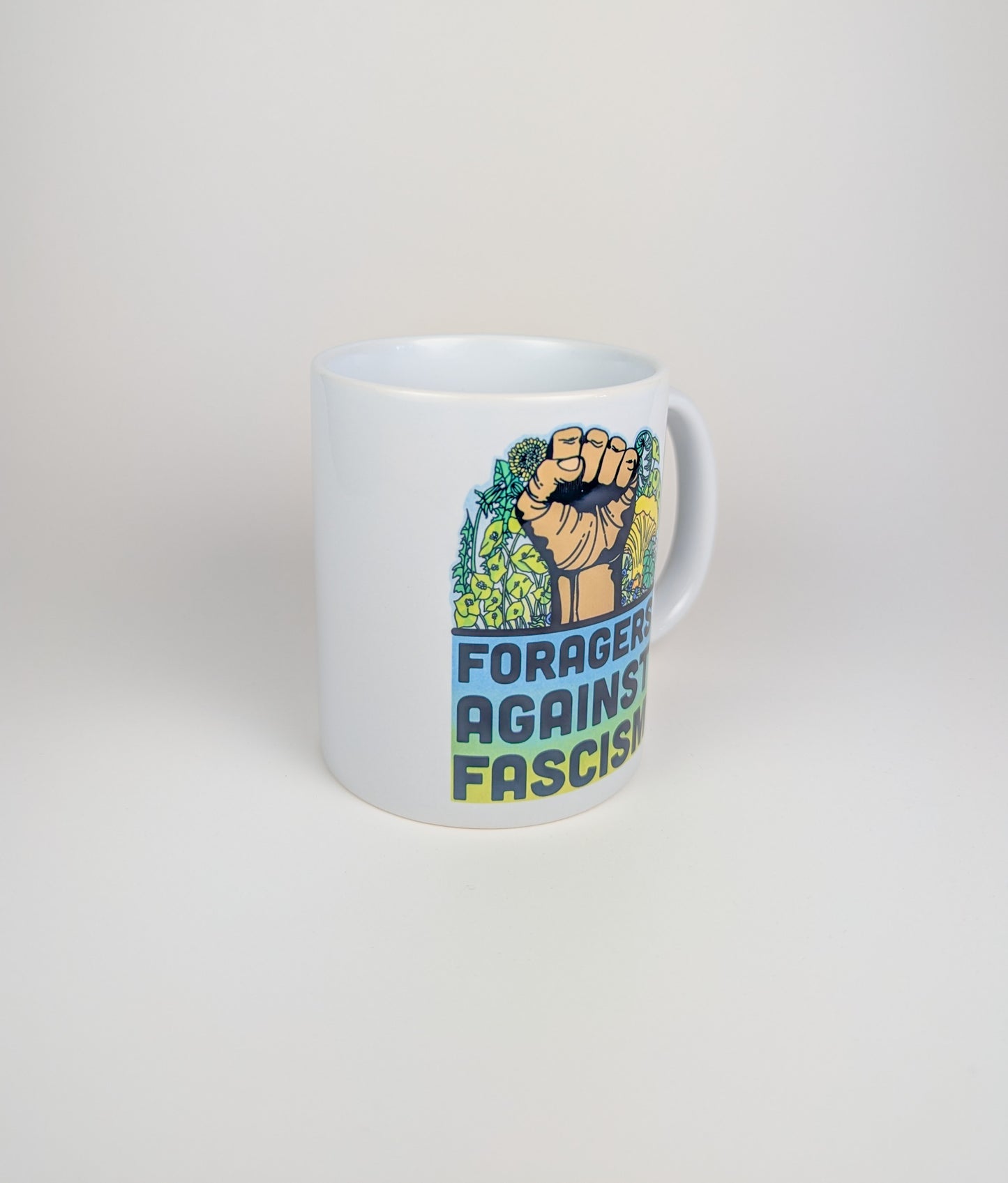 Foragers Against Fascism | Anti-Oligarchy Mushroom Mug | Mushroom Artwork on Ceramic Cup | 11oz/15oz Sizes