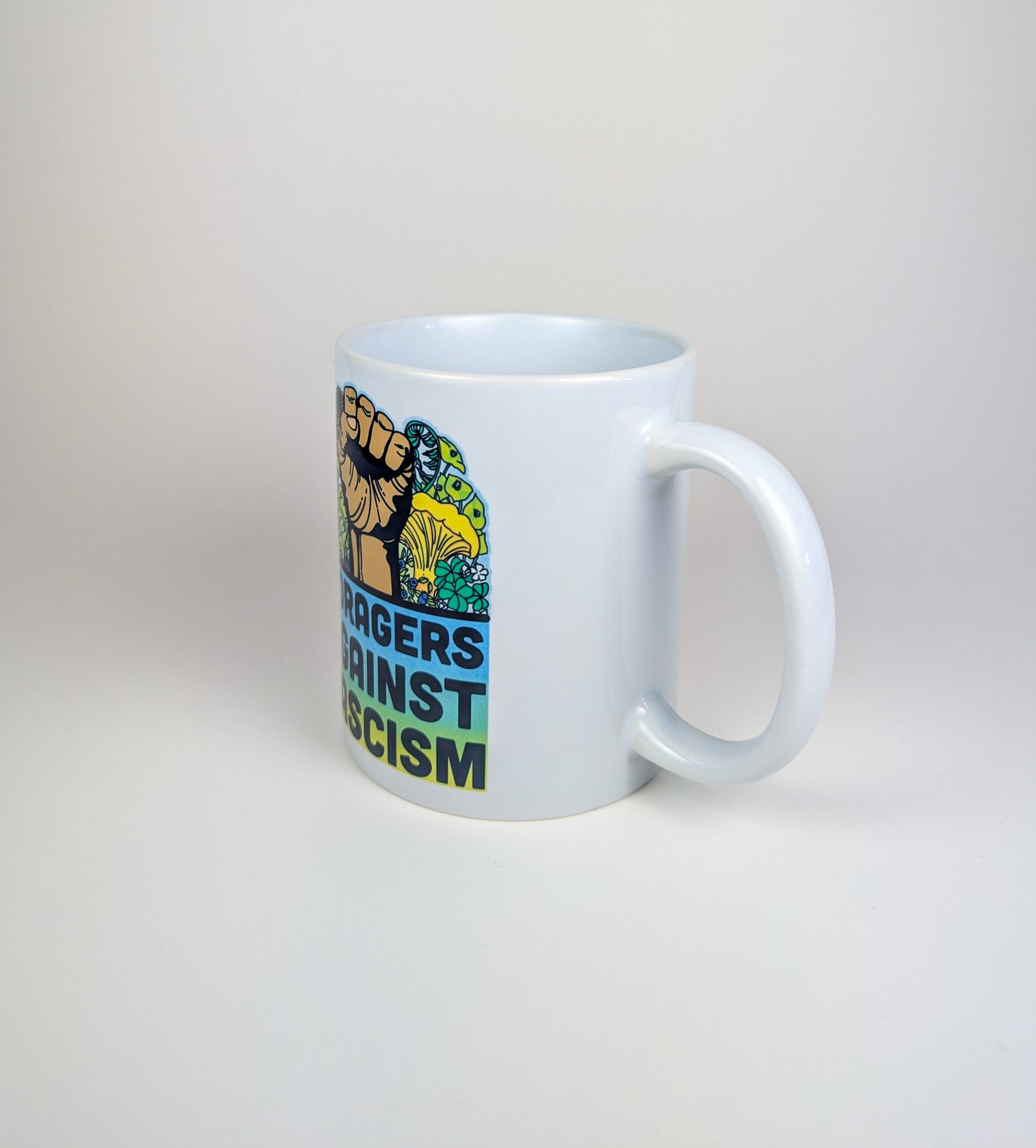 Foragers Against Fascism | Anti-Oligarchy Mushroom Mug | Mushroom Artwork on Ceramic Cup | 11oz/15oz Sizes