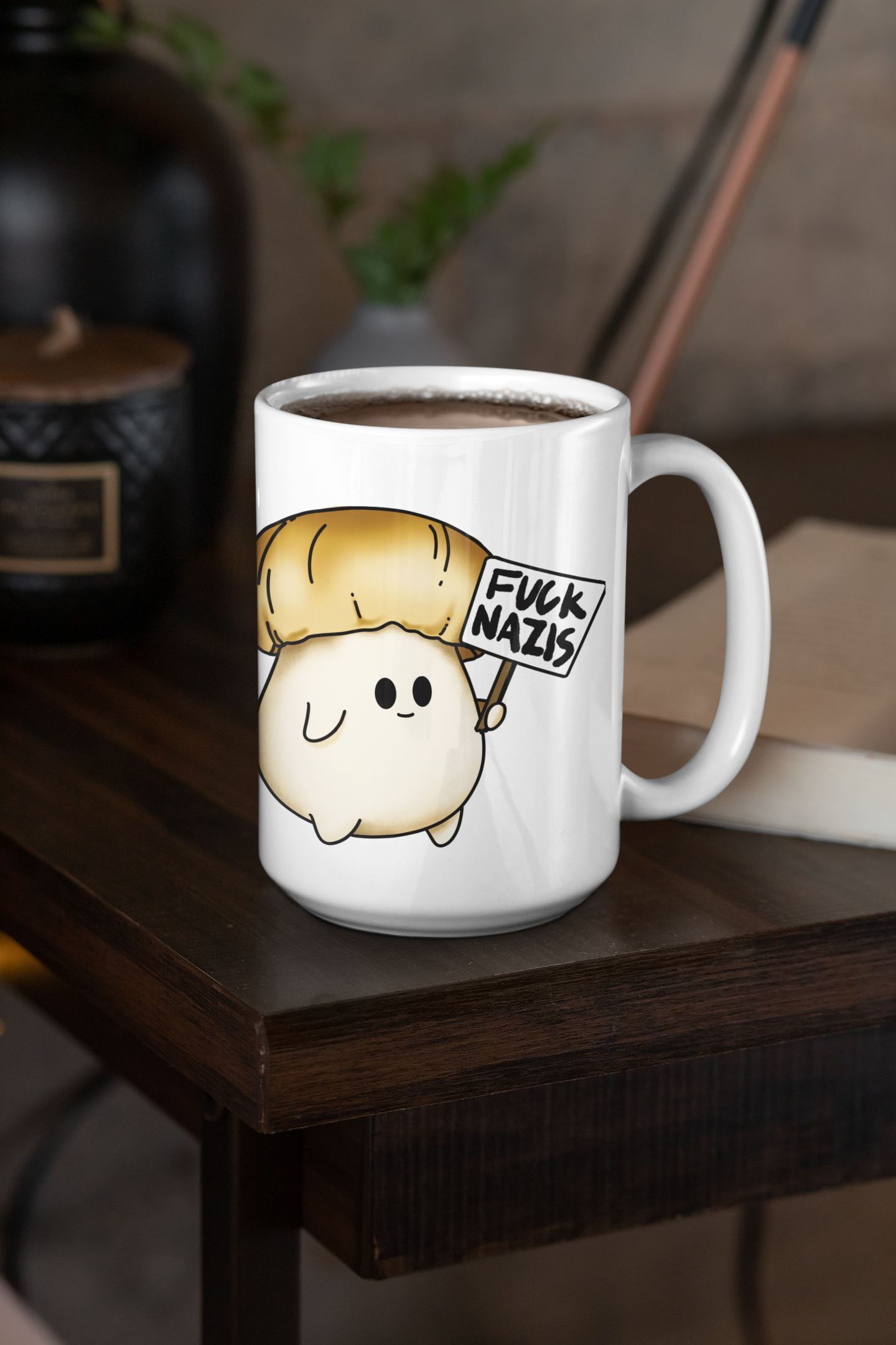 Fuck Nazis Porcini | Anti-Nazi Mushroom Mug | Mushroom Artwork on Ceramic Cup | 11oz/15oz Sizes