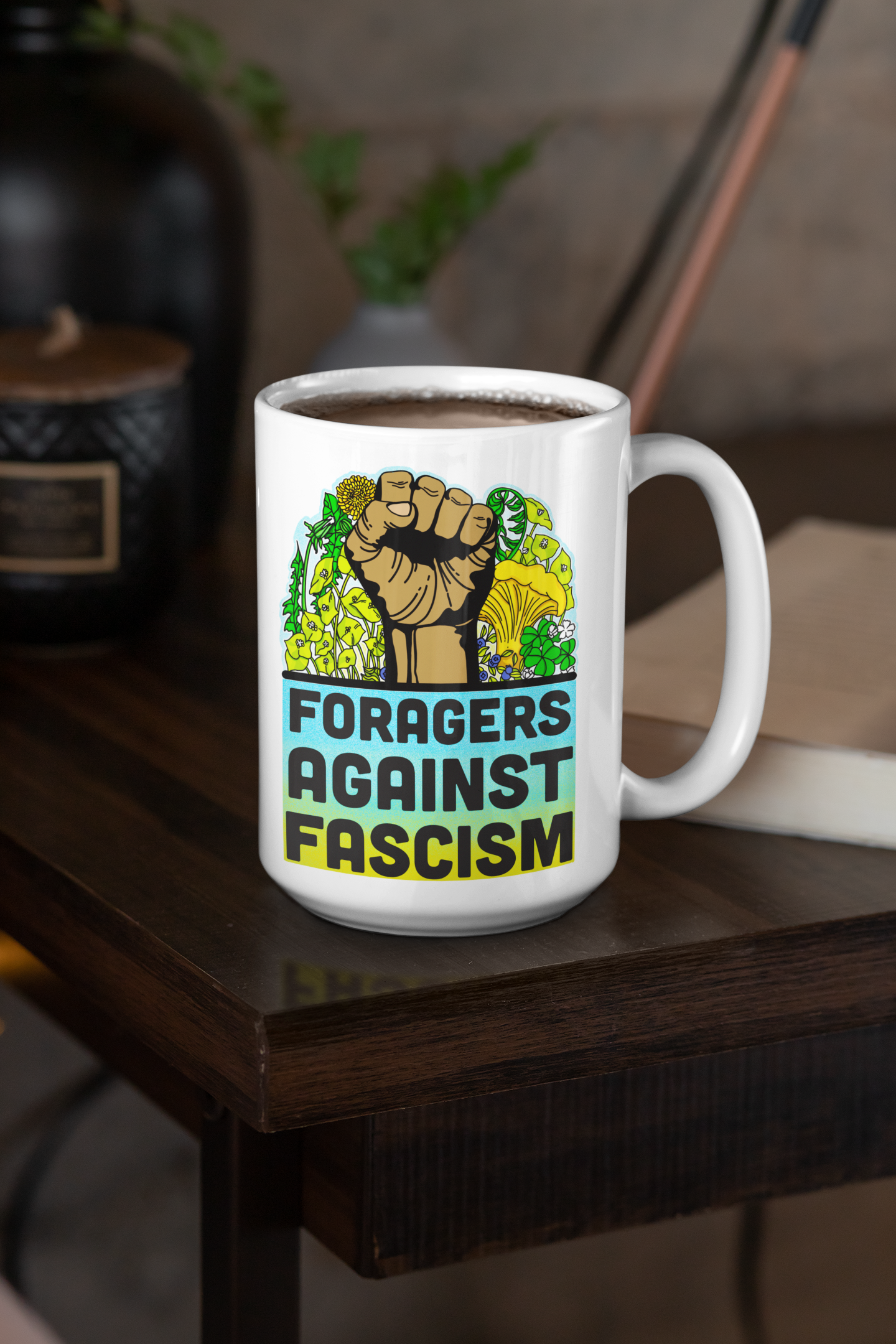 Foragers Against Fascism | Anti-Oligarchy Mushroom Mug | Mushroom Artwork on Ceramic Cup | 11oz/15oz Sizes