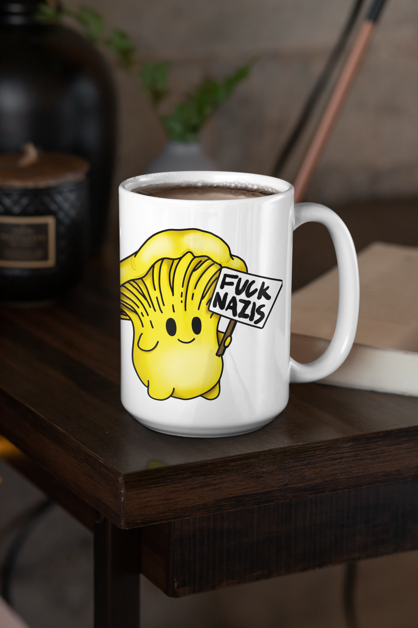 Fuck Nazis Chanterelle | Anti-Nazi Mushroom Mug | Mushroom Artwork on Ceramic Cup | 11oz/15oz Sizes