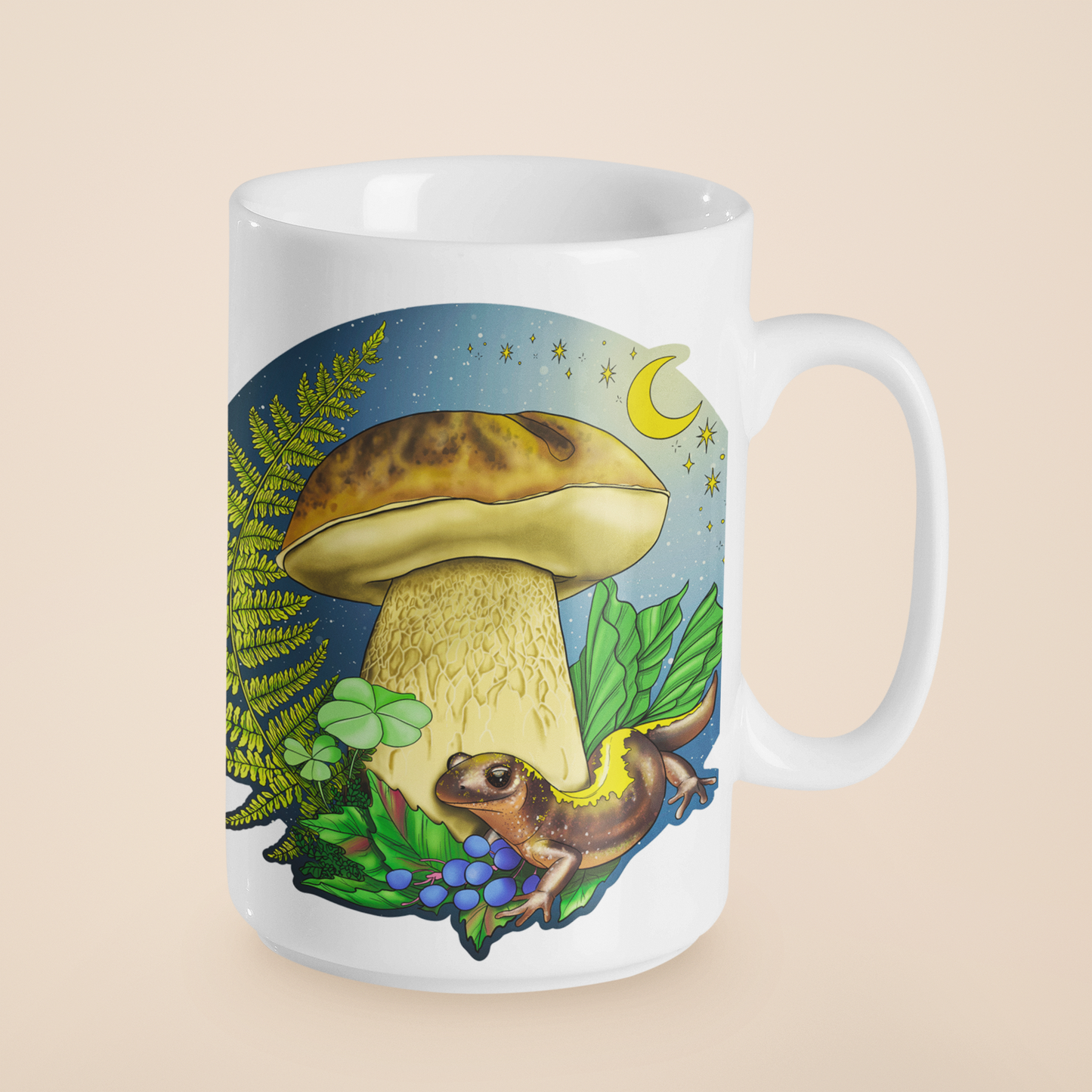 Porcini Mushroom and Salamander | Beautiful Mushroom Mug | Nature Artwork on Ceramic Cup | 11oz/15oz Sizes
