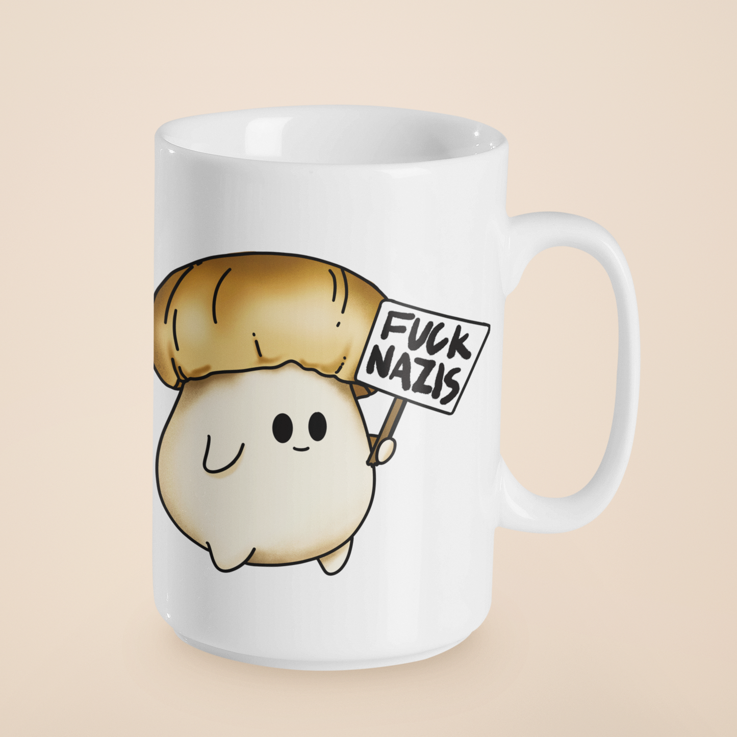 Fuck Nazis Porcini | Anti-Nazi Mushroom Mug | Mushroom Artwork on Ceramic Cup | 11oz/15oz Sizes