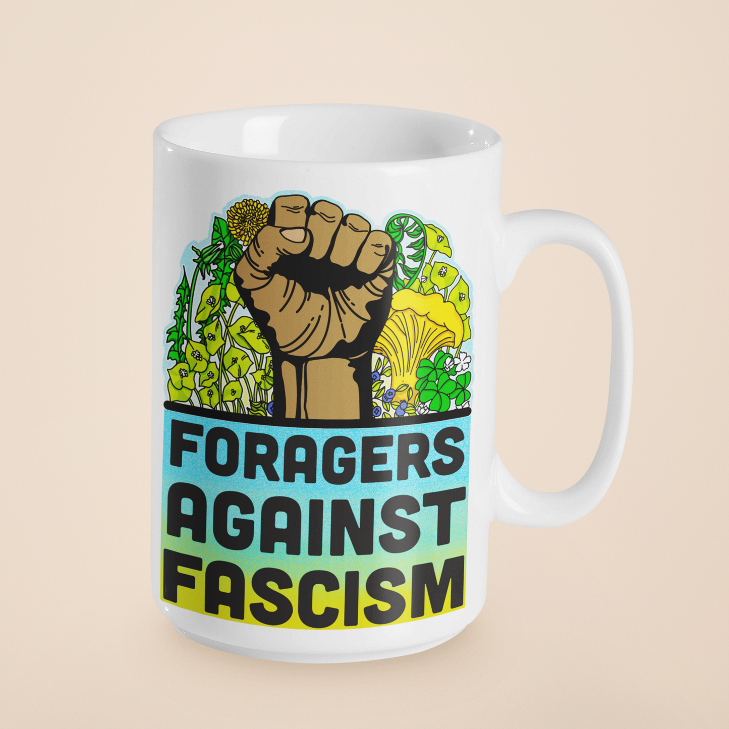 Foragers Against Fascism | Anti-Oligarchy Mushroom Mug | Mushroom Artwork on Ceramic Cup | 11oz/15oz Sizes