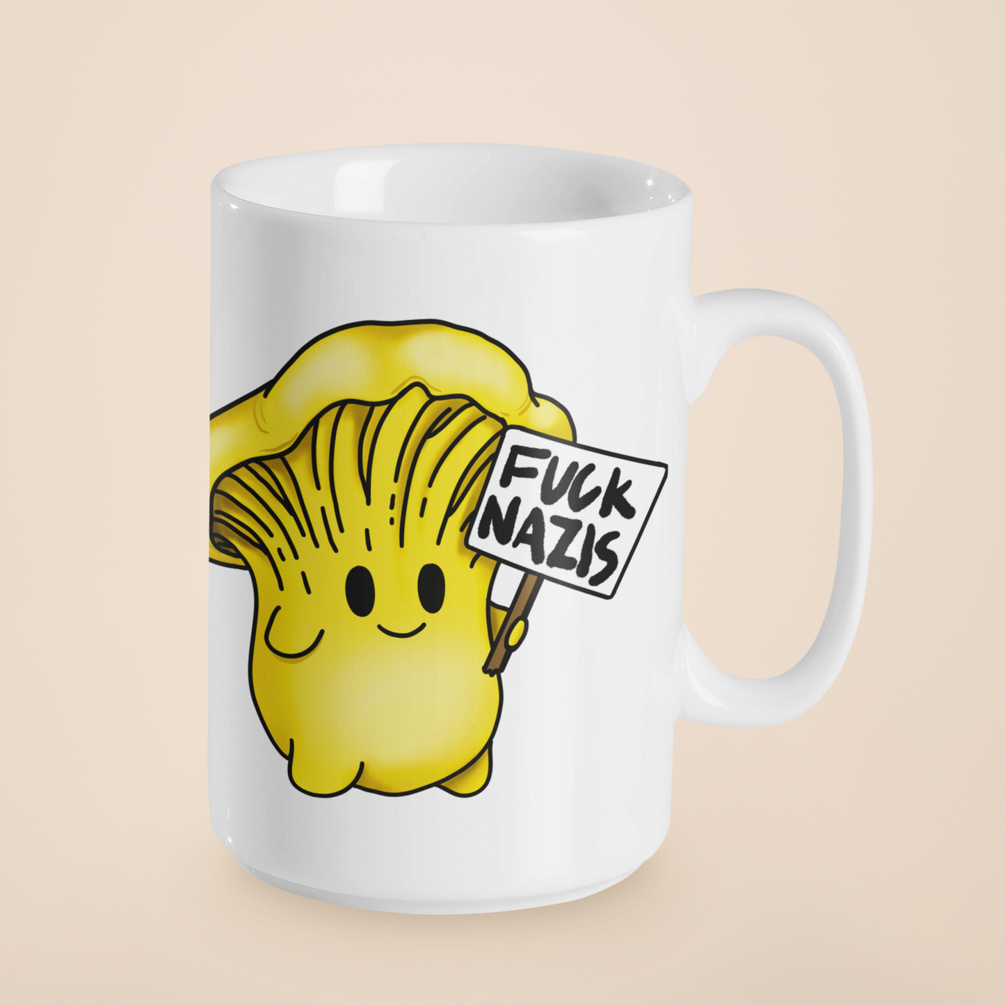 Fuck Nazis Chanterelle | Anti-Nazi Mushroom Mug | Mushroom Artwork on Ceramic Cup | 11oz/15oz Sizes