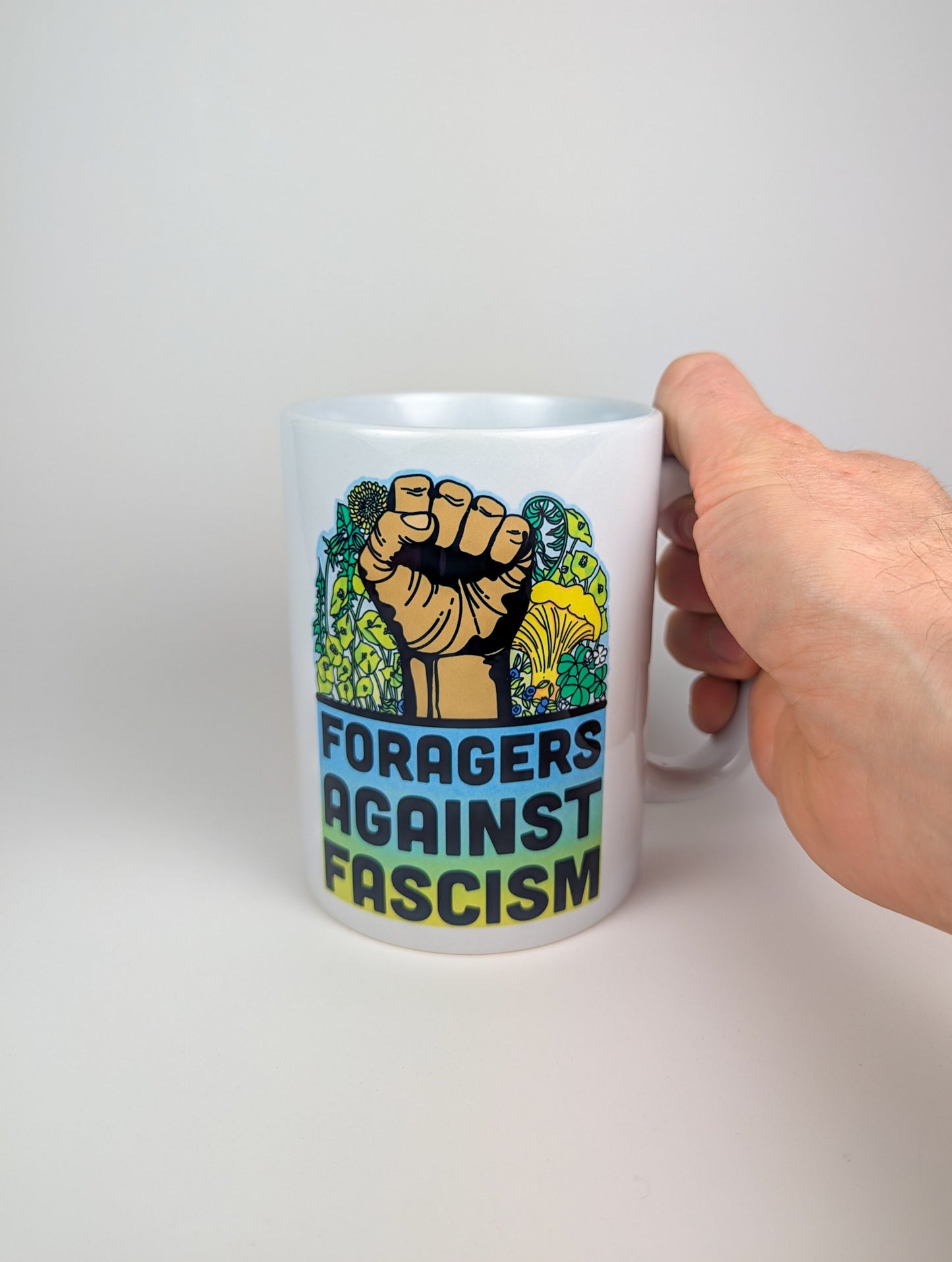 Foragers Against Fascism | Anti-Oligarchy Mushroom Mug | Mushroom Artwork on Ceramic Cup | 11oz/15oz Sizes
