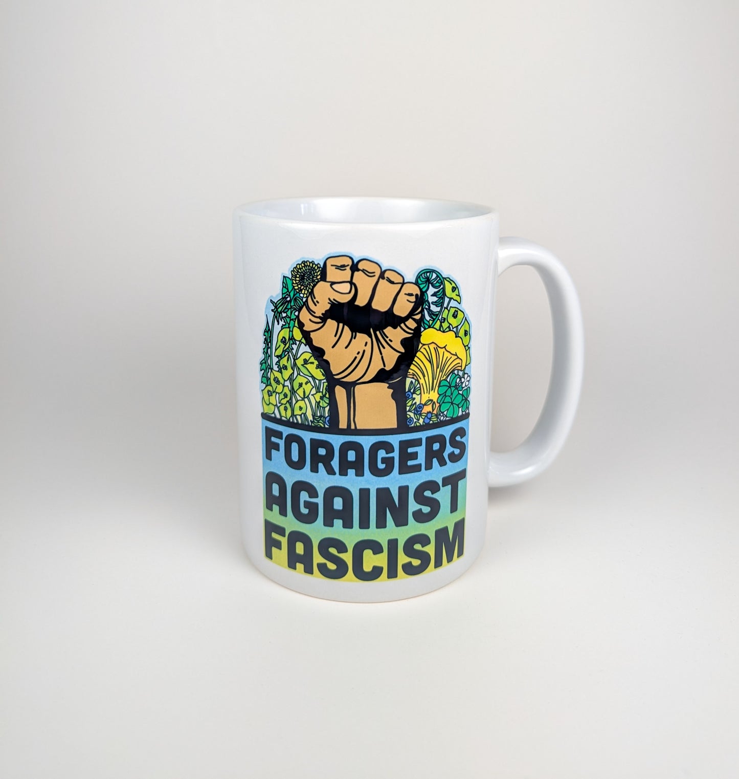 Foragers Against Fascism | Anti-Oligarchy Mushroom Mug | Mushroom Artwork on Ceramic Cup | 11oz/15oz Sizes