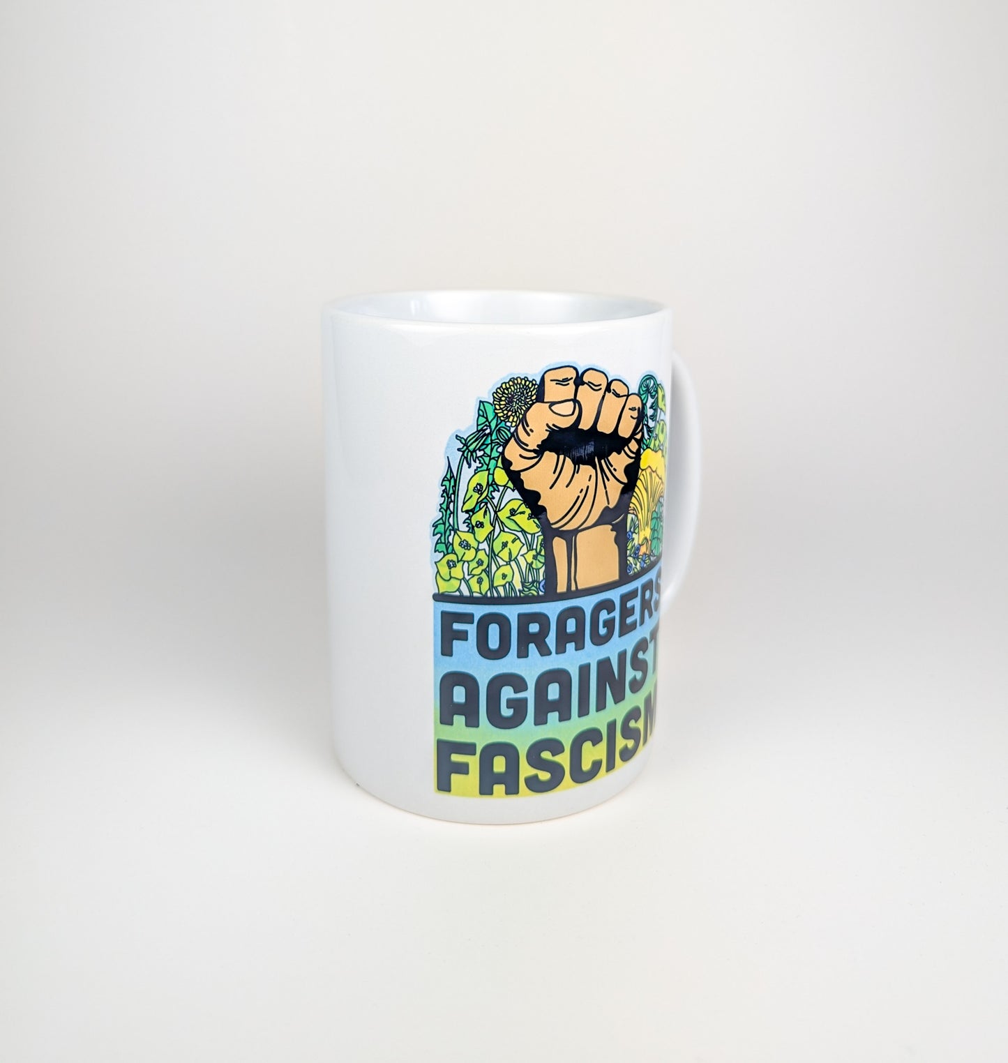 Foragers Against Fascism | Anti-Oligarchy Mushroom Mug | Mushroom Artwork on Ceramic Cup | 11oz/15oz Sizes