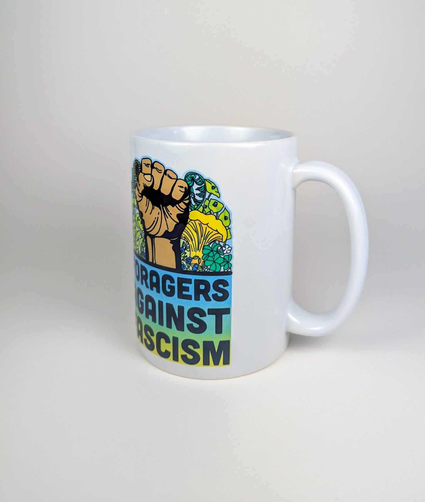 Foragers Against Fascism | Anti-Oligarchy Mushroom Mug | Mushroom Artwork on Ceramic Cup | 11oz/15oz Sizes
