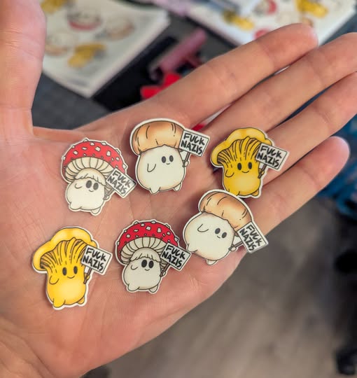 "Fuck Nazis" Mushroom Sticker Trio | Chanterelle, Amanita and Porcini Mushrooms Holding Picket Signs