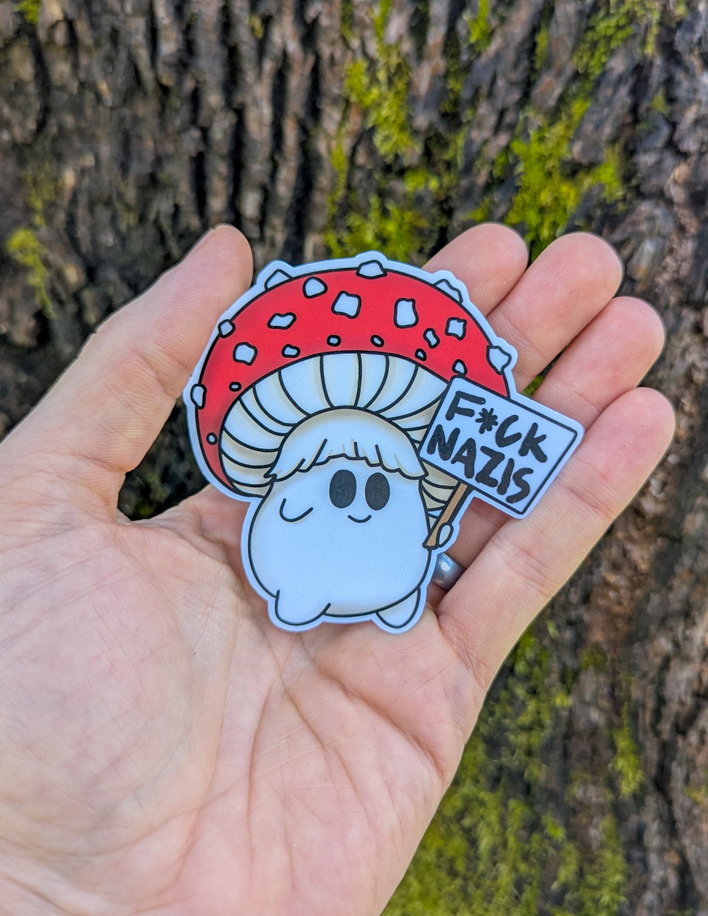 "F*ck Nazis" Mushroom Sticker Trio (censored) | Chanterelle, Amanita and Porcini Mushrooms Holding Picket Signs