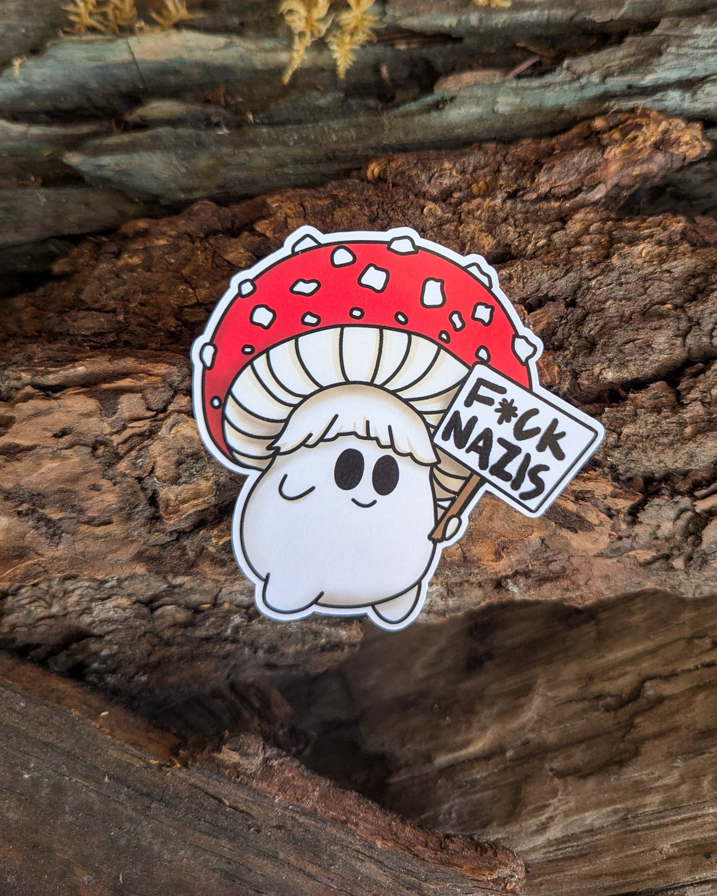 "F*ck Nazis" Mushroom Sticker Trio (censored) | Chanterelle, Amanita and Porcini Mushrooms Holding Picket Signs