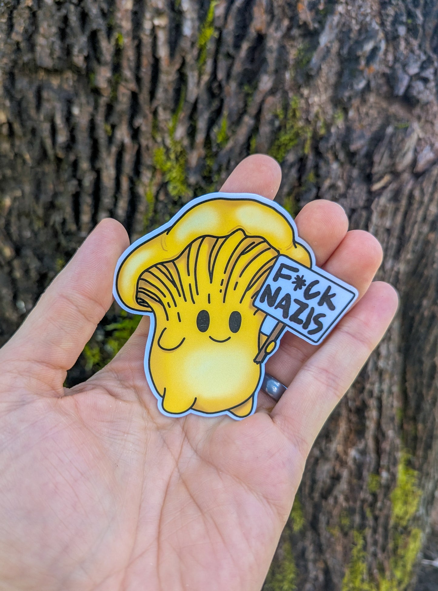 "F*ck Nazis" Mushroom Sticker Trio (censored) | Chanterelle, Amanita and Porcini Mushrooms Holding Picket Signs
