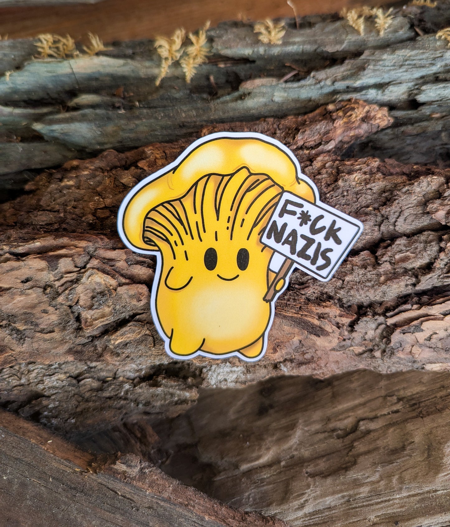 "F*ck Nazis" Mushroom Sticker Trio (censored) | Chanterelle, Amanita and Porcini Mushrooms Holding Picket Signs