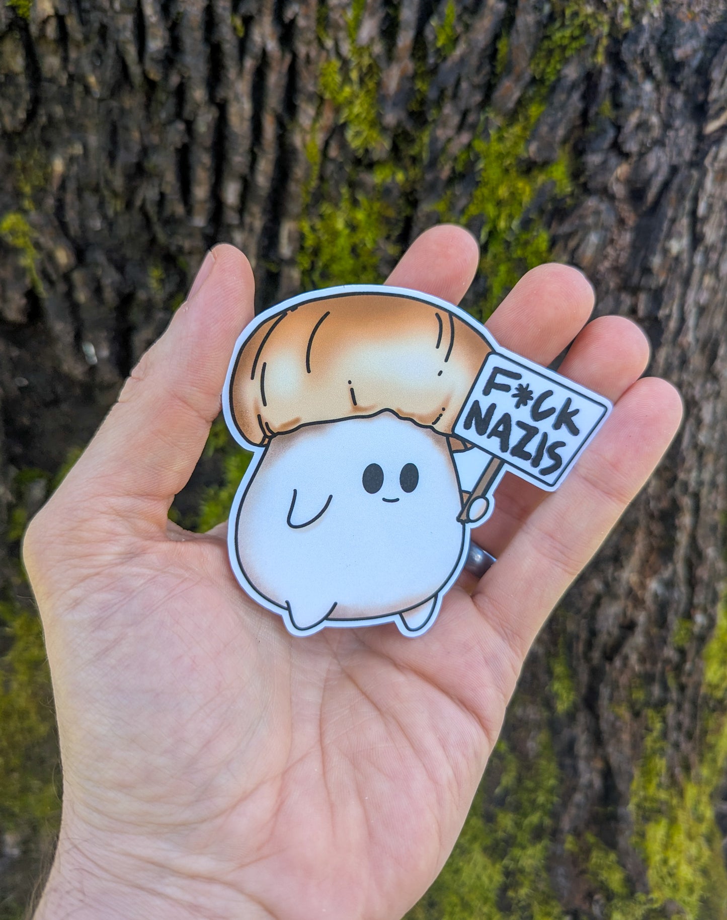 "F*ck Nazis" Mushroom Sticker Trio (censored) | Chanterelle, Amanita and Porcini Mushrooms Holding Picket Signs