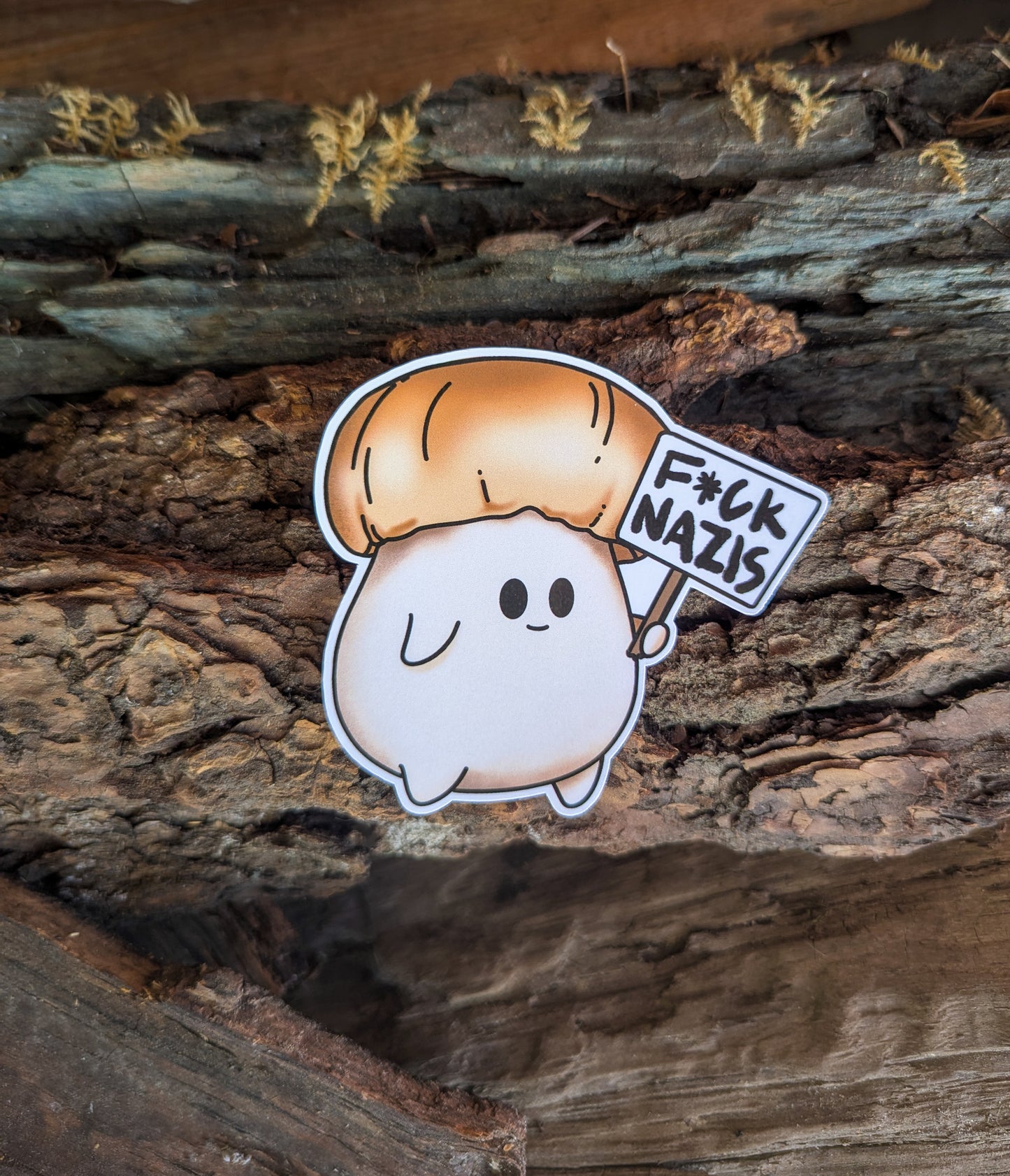 "F*ck Nazis" Mushroom Sticker Trio (censored) | Chanterelle, Amanita and Porcini Mushrooms Holding Picket Signs