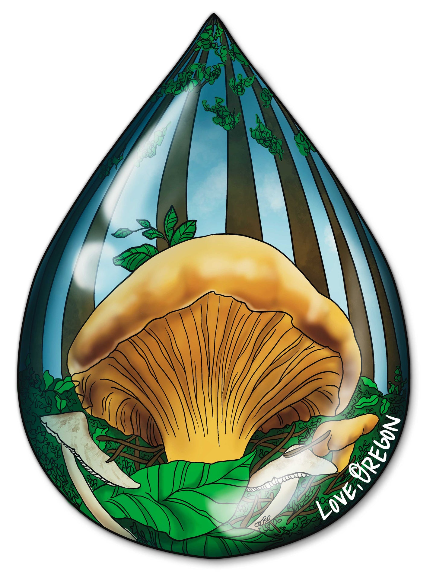 Chanterelle Mushroom Raindrop Sticker | "Love, Oregon" Realistic Mushroom Artwork