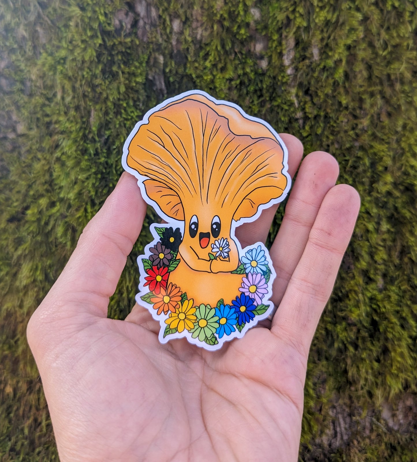 Chanterelle Mushroom Sticker w/ Pride Rainbow Flowers