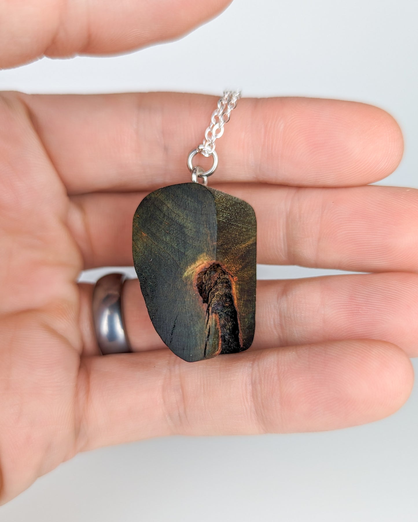 Naturally Fungus Stained Wooden Pendant | Chunky Shape with Chunk Missing