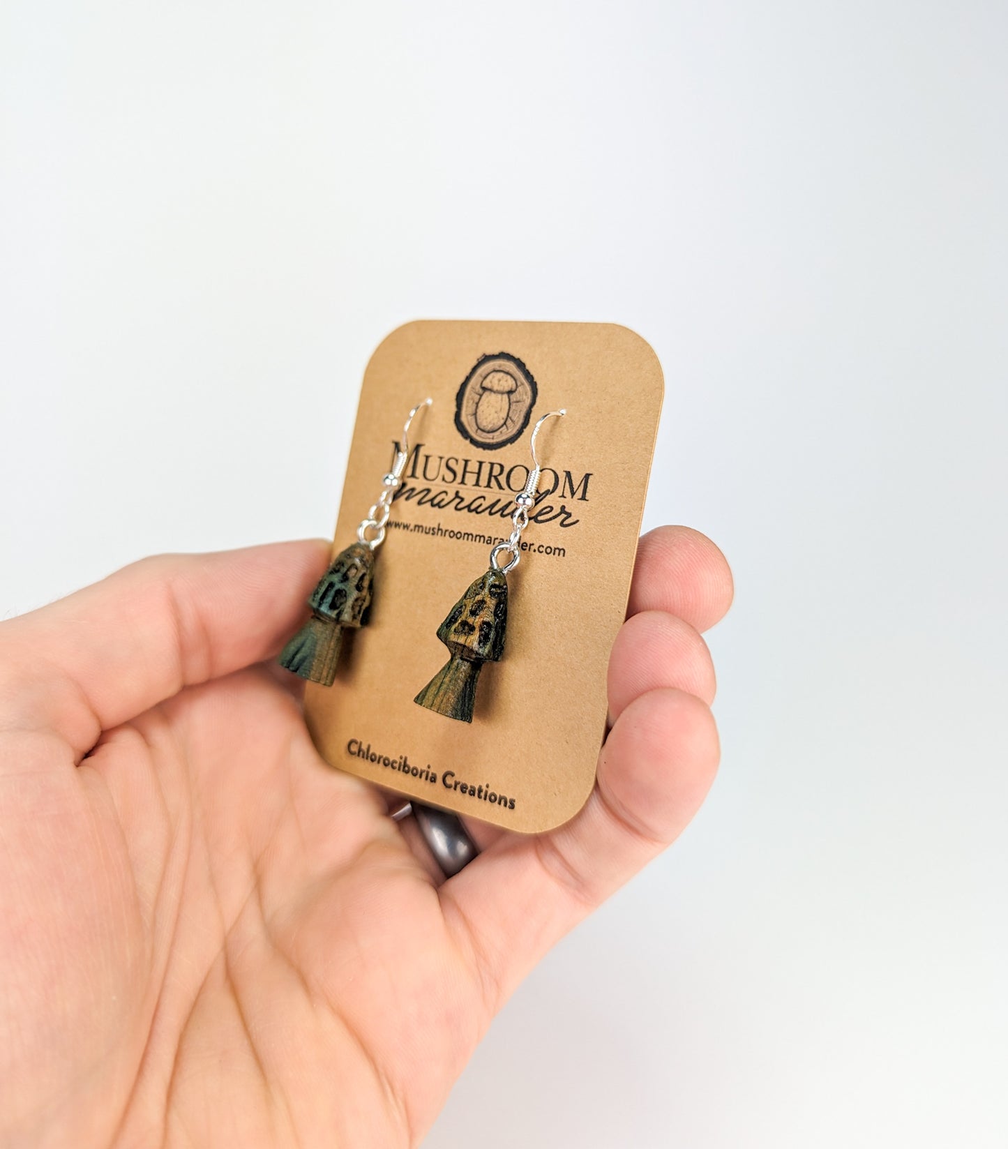 Morel Mushroom Earrings #3 | Carved From Naturally Green, Fungus-Stained Wood