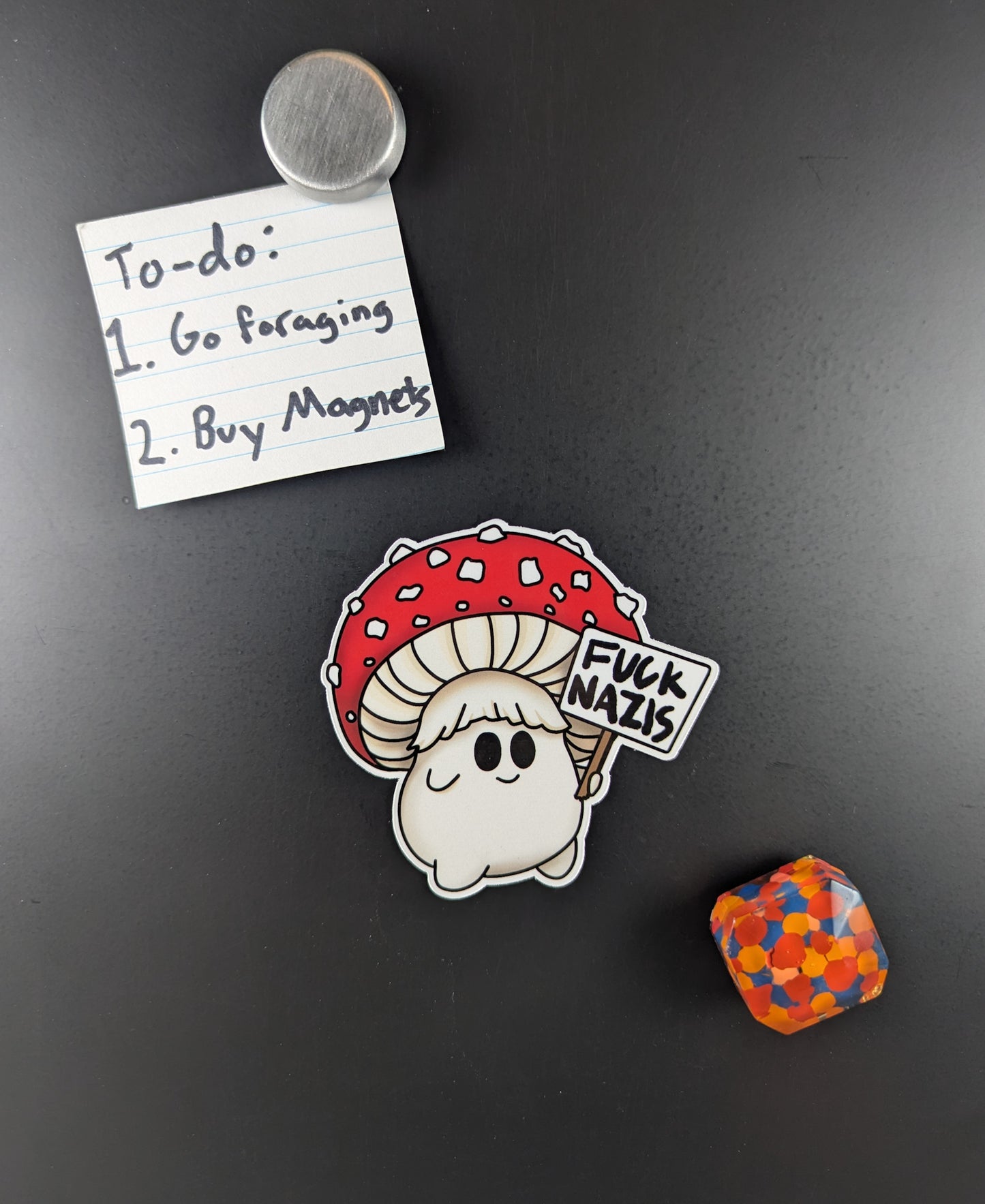 "Fuck Nazis" Mushroom Magnet Trio | Censored Version (F*ck Nazis) Available | Chanterelle, Amanita and Porcini Mushrooms