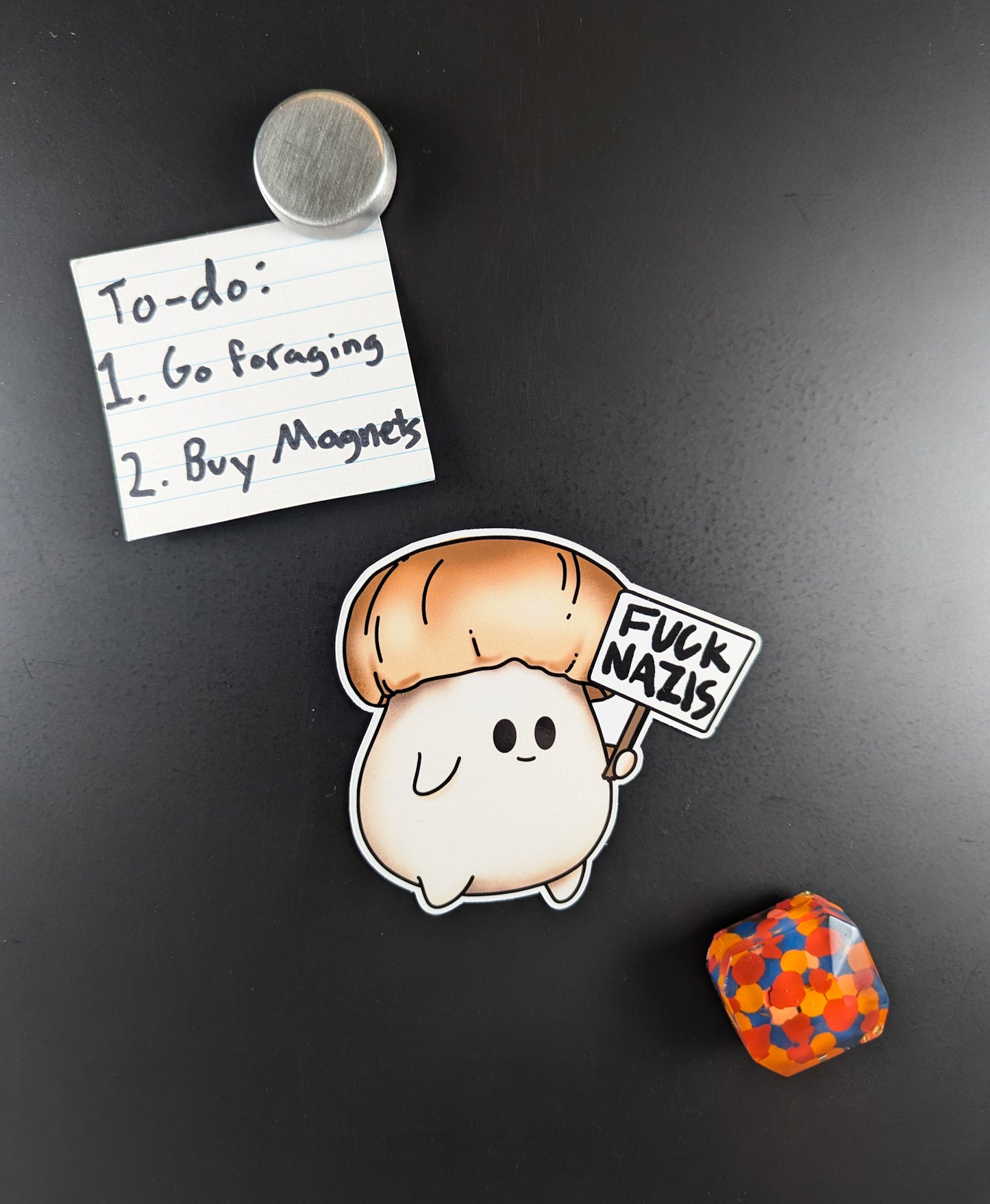 "Fuck Nazis" Mushroom Magnet Trio | Censored Version (F*ck Nazis) Available | Chanterelle, Amanita and Porcini Mushrooms