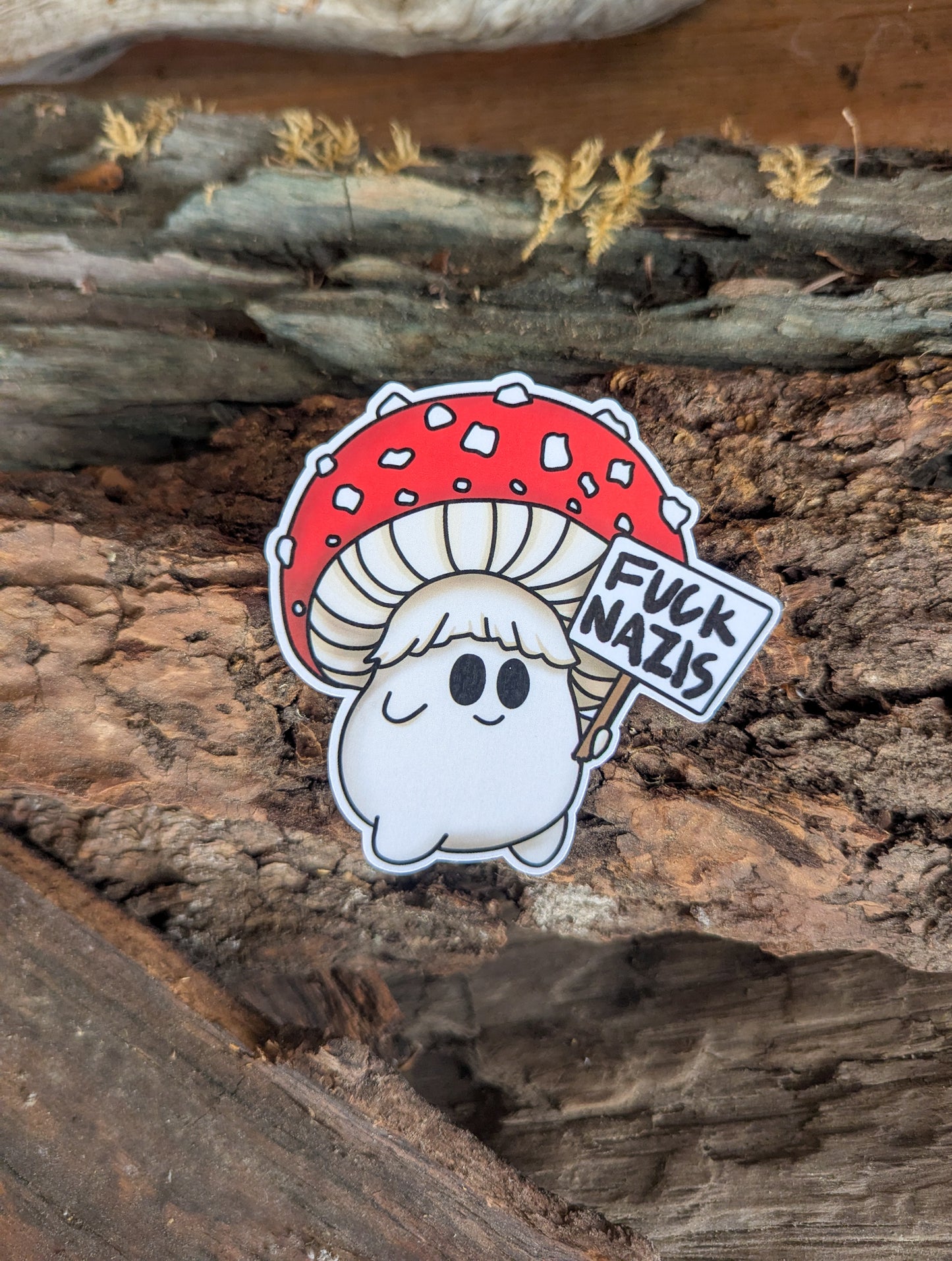 "Fuck Nazis" Mushroom Sticker Trio | Chanterelle, Amanita and Porcini Mushrooms Holding Picket Signs