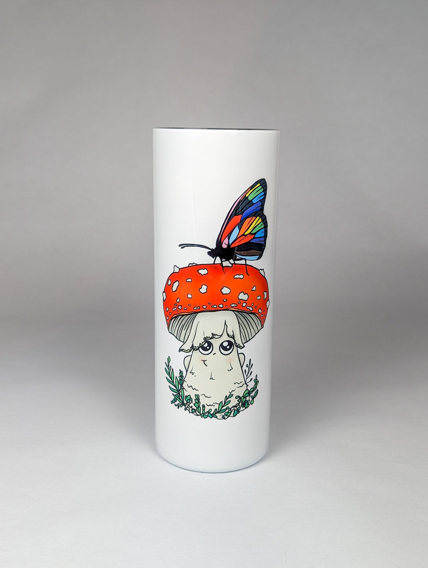 Amanita Mushroom w/Pride Rainbow Butterfly | 20oz Stainless Steel Skinny Tumbler | Adorable, Inclusive Mushroom Artwork