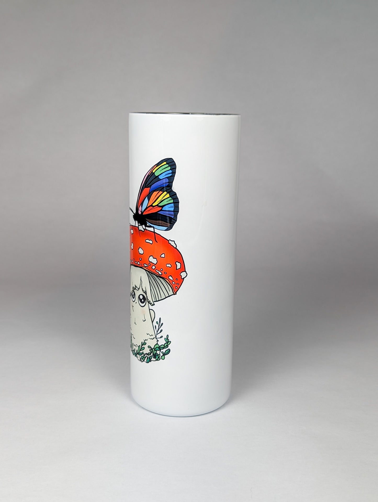 Amanita Mushroom w/Pride Rainbow Butterfly | 20oz Stainless Steel Skinny Tumbler | Adorable, Inclusive Mushroom Artwork