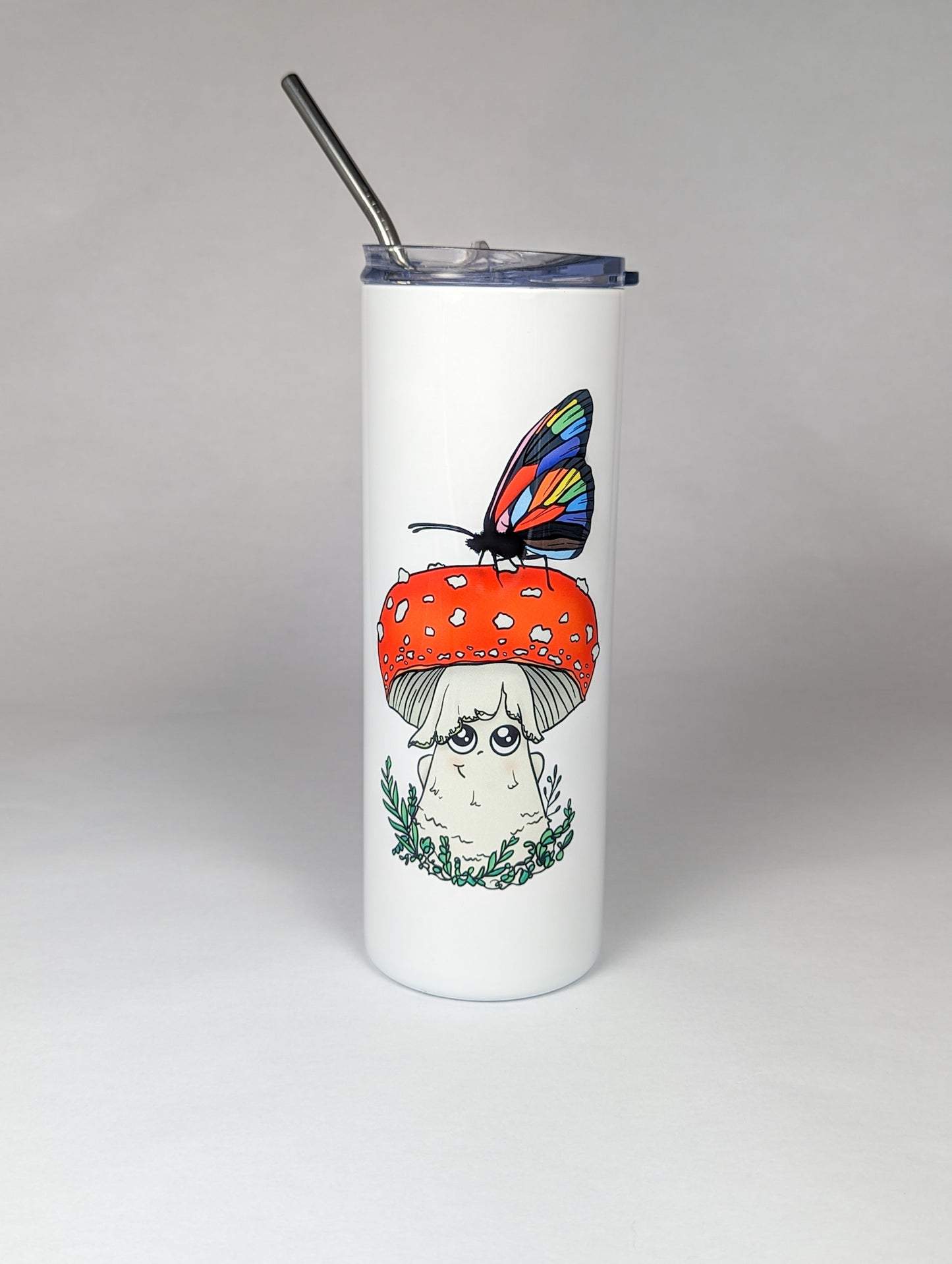 Amanita Mushroom w/Pride Rainbow Butterfly | 20oz Stainless Steel Skinny Tumbler | Adorable, Inclusive Mushroom Artwork