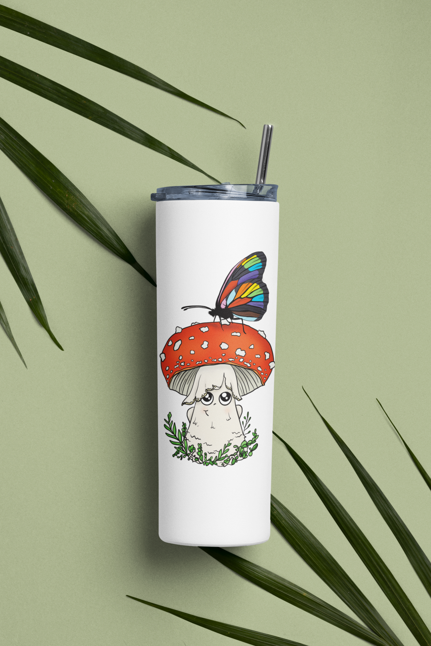 Amanita Mushroom w/Pride Rainbow Butterfly | 20oz Stainless Steel Skinny Tumbler | Adorable, Inclusive Mushroom Artwork