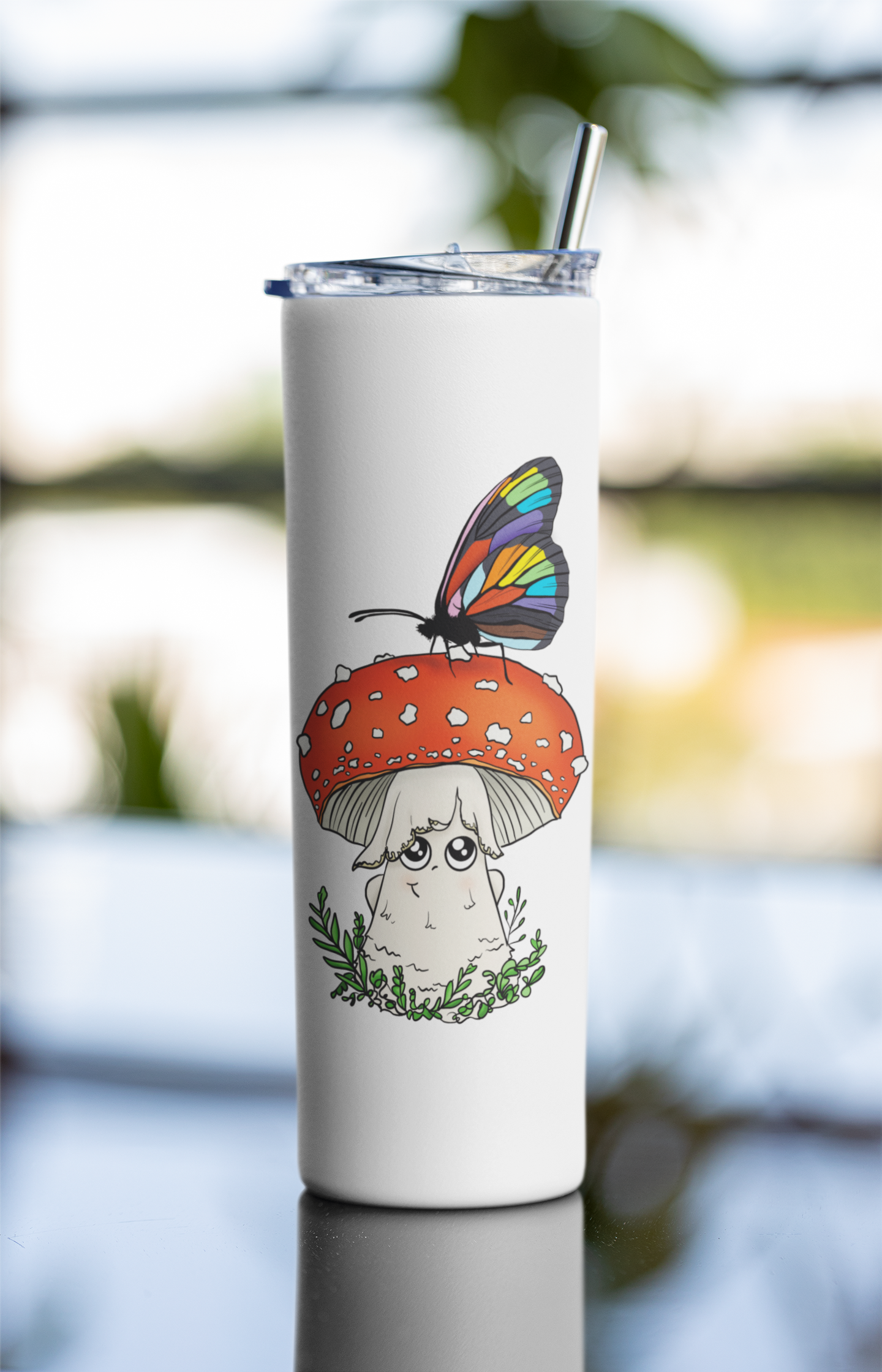 Amanita Mushroom w/Pride Rainbow Butterfly | 20oz Stainless Steel Skinny Tumbler | Adorable, Inclusive Mushroom Artwork