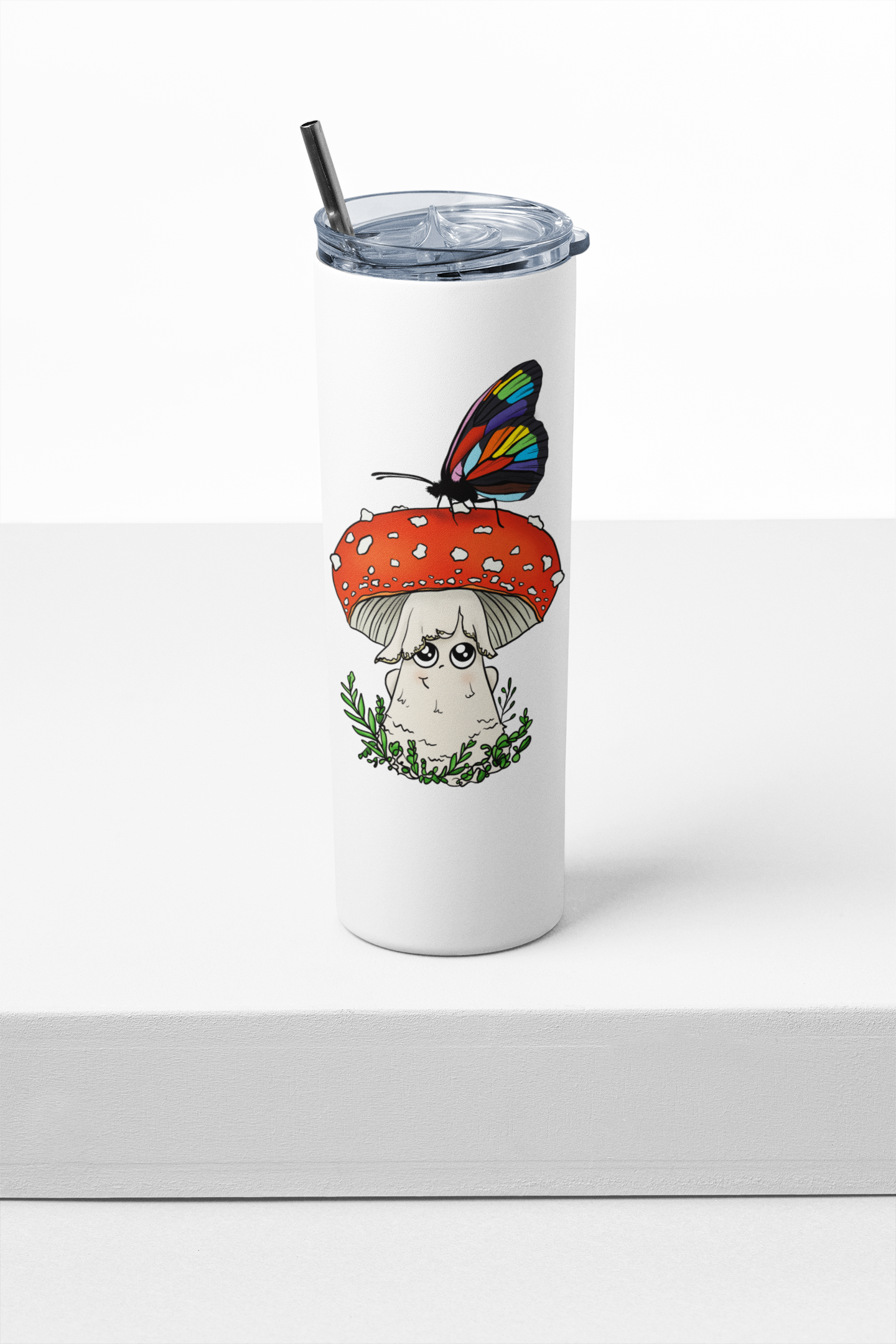 Amanita Mushroom w/Pride Rainbow Butterfly | 20oz Stainless Steel Skinny Tumbler | Adorable, Inclusive Mushroom Artwork