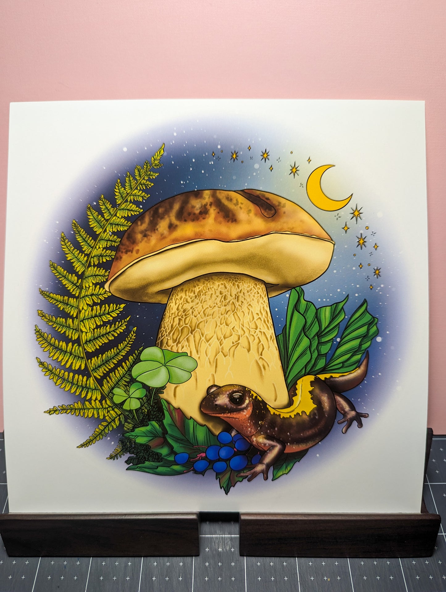 Porcini Mushroom and Salamander | 8"x8" Print | Beautiful Nature Wall Hanging