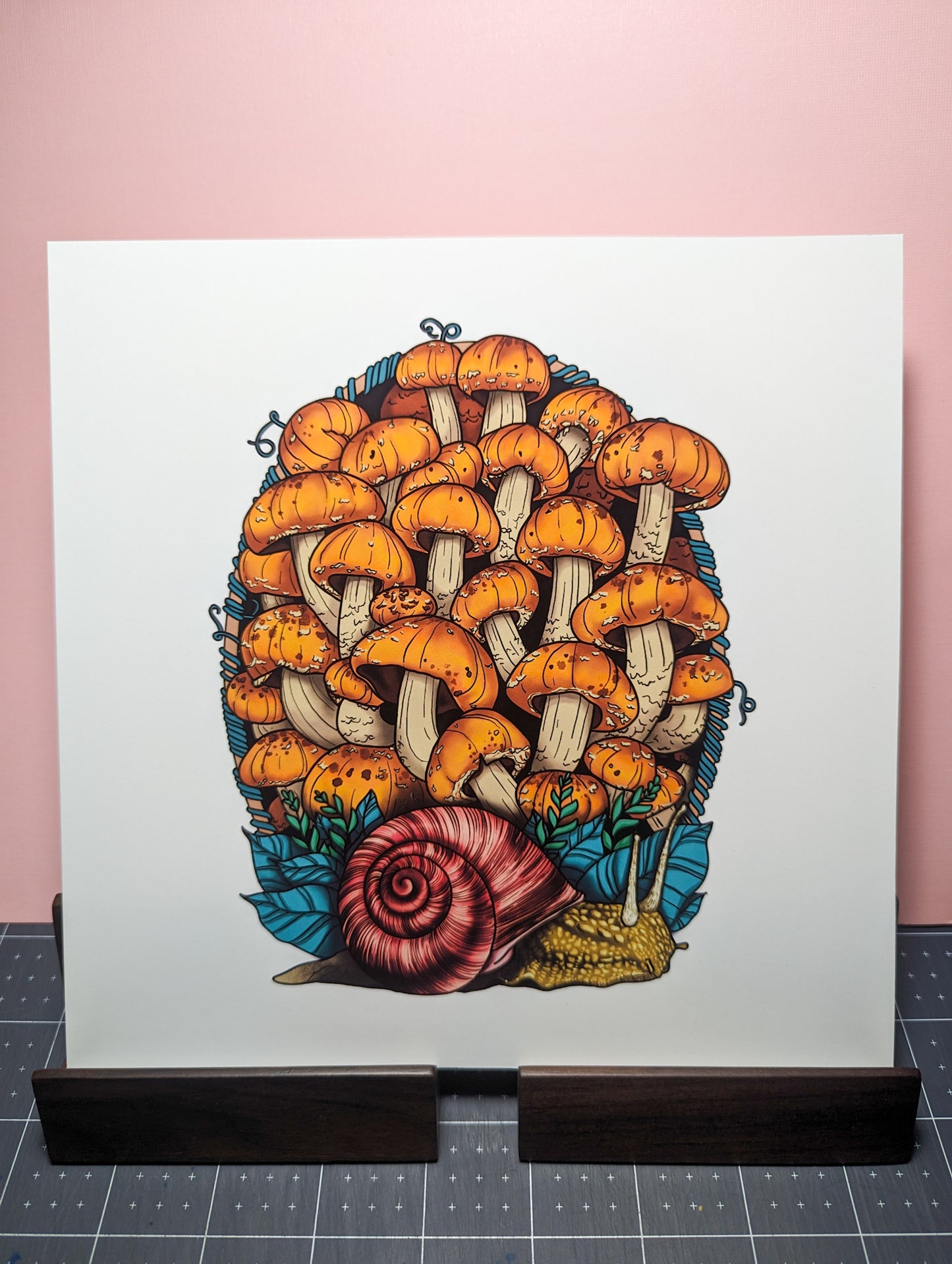 Land Snail and Chestnut Mushrooms | 8"x8" Print | Beautiful Nature Wall Hanging