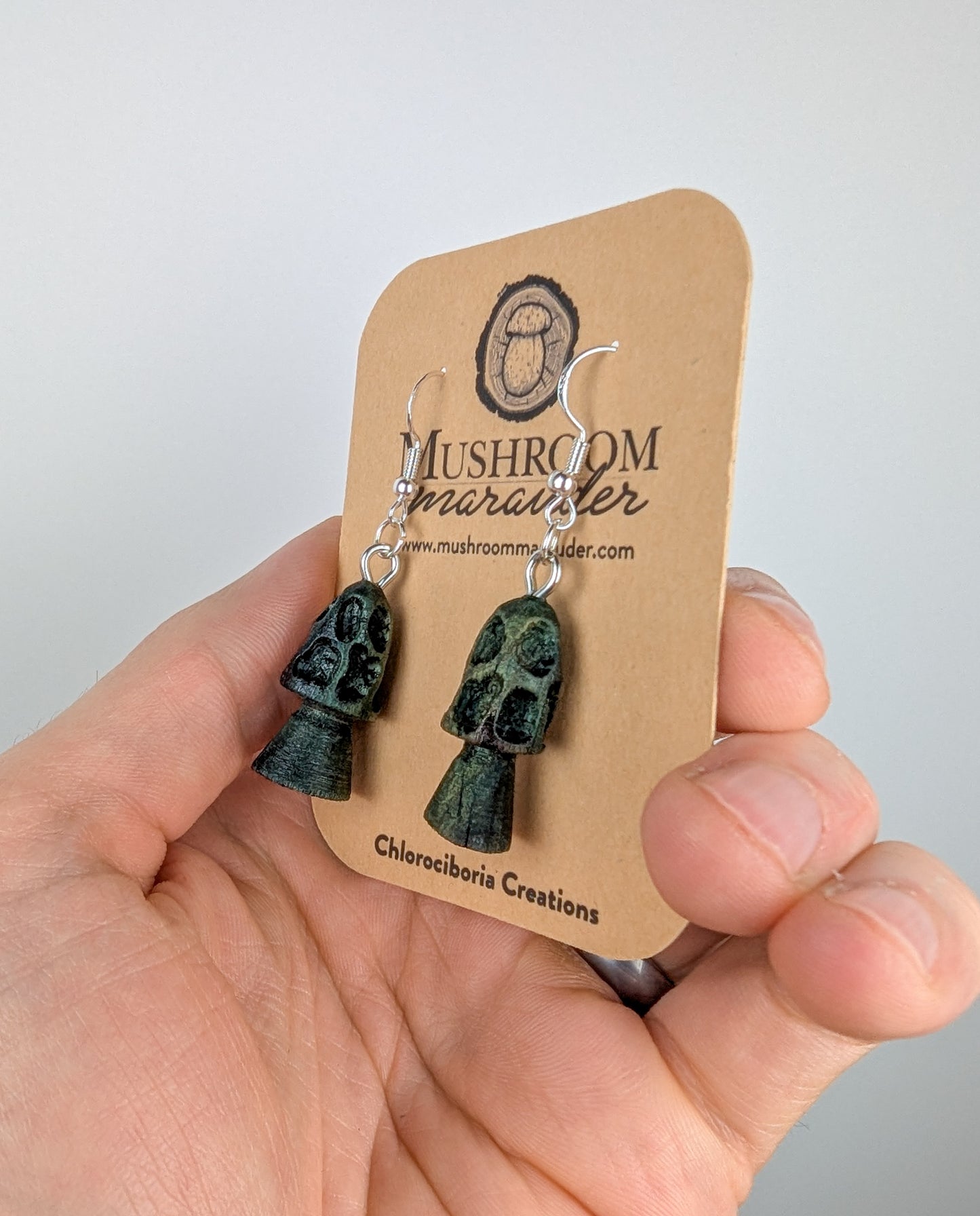 Morel Mushroom Earrings #09 | Carved From Naturally Green, Fungus-Stained Wood