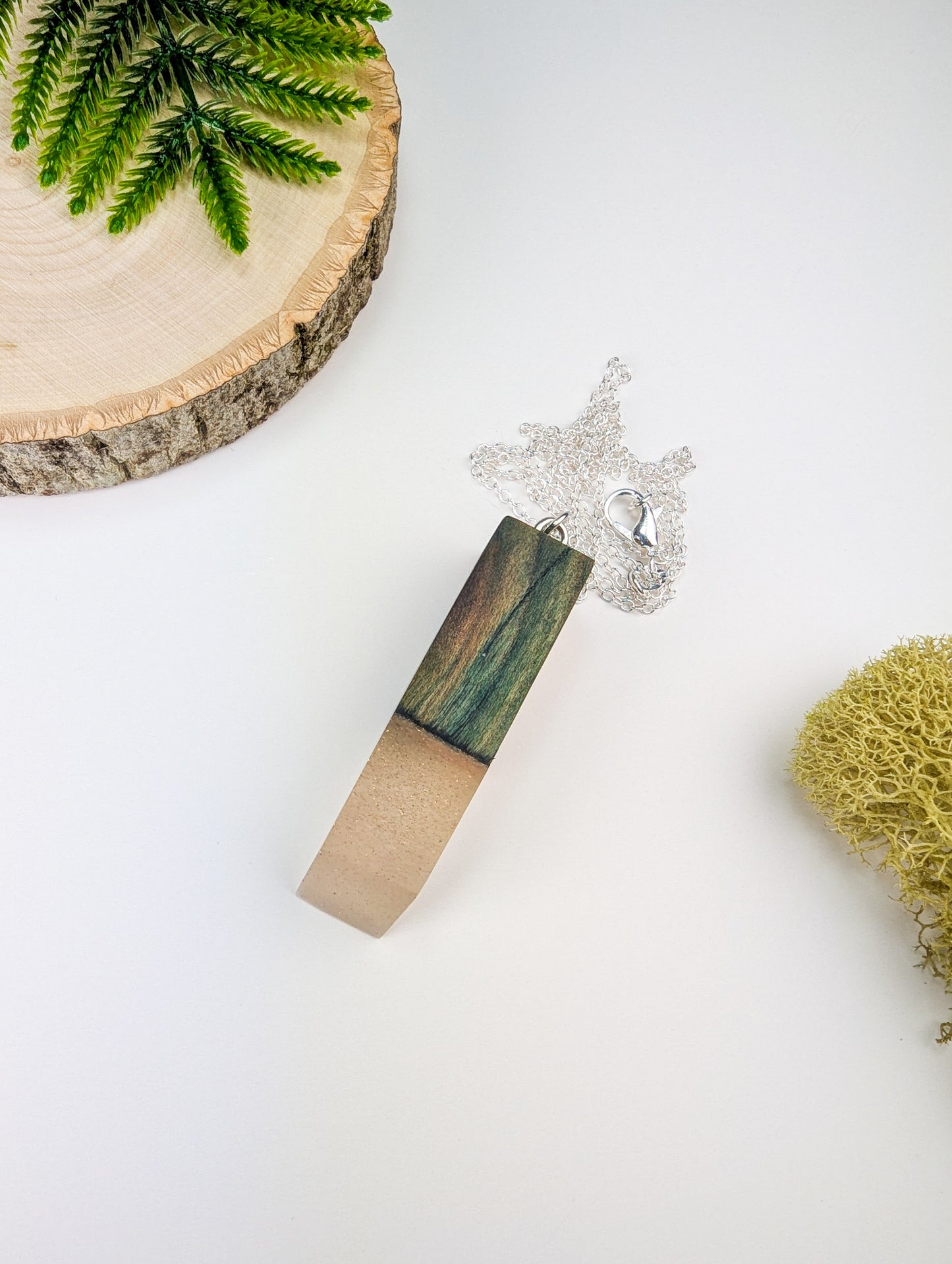 Chlorociboria Wood Pendant w/ Clear Epoxy and Gold Glitter