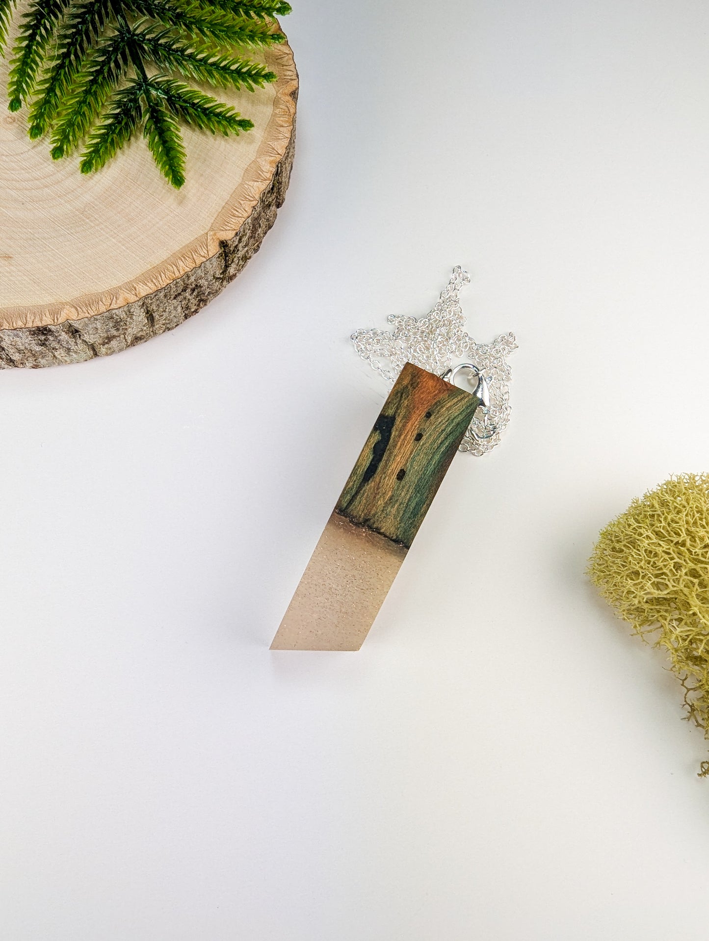 Chlorociboria Wood Pendant w/ Clear Epoxy and Gold Glitter