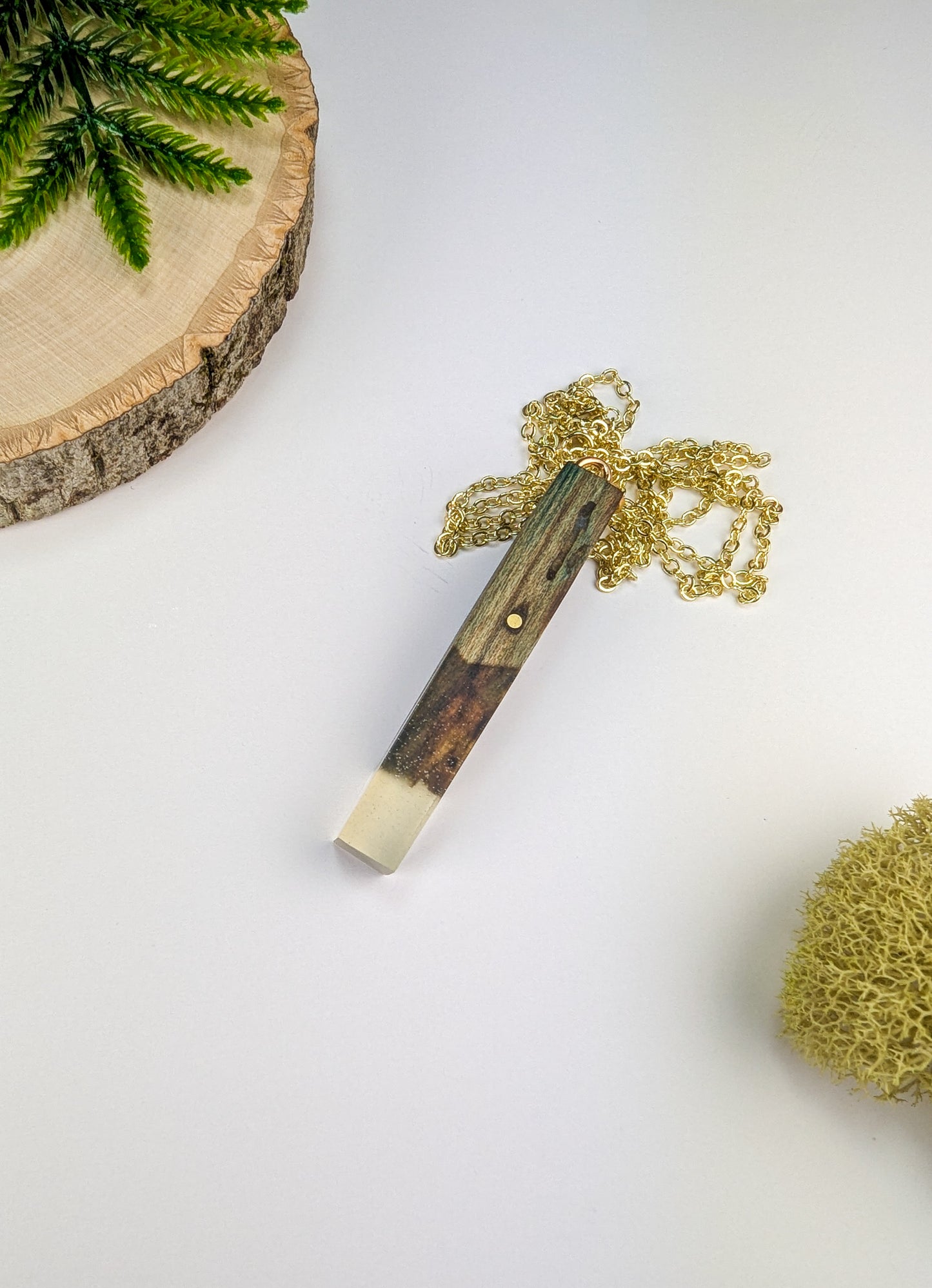 Chlorociboria Wood Pendant w/ Clear Epoxy and Brass Rod