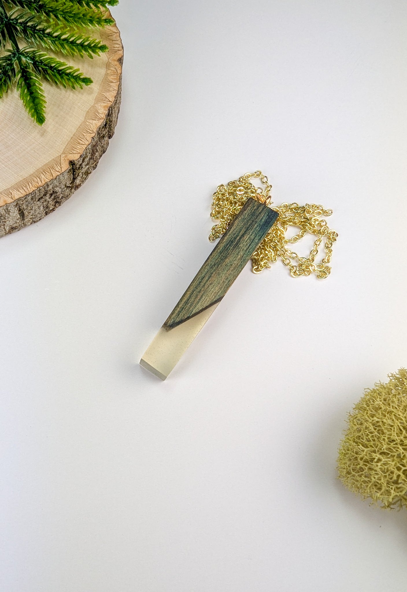 Chlorociboria Wood Pendant w/ Clear Epoxy and Brass Rod
