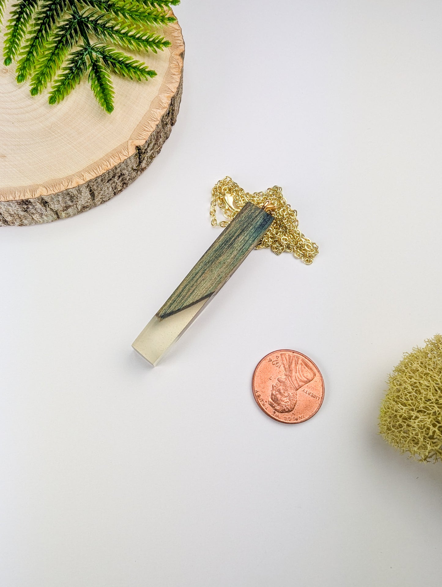 Chlorociboria Wood Pendant w/ Clear Epoxy and Brass Rod