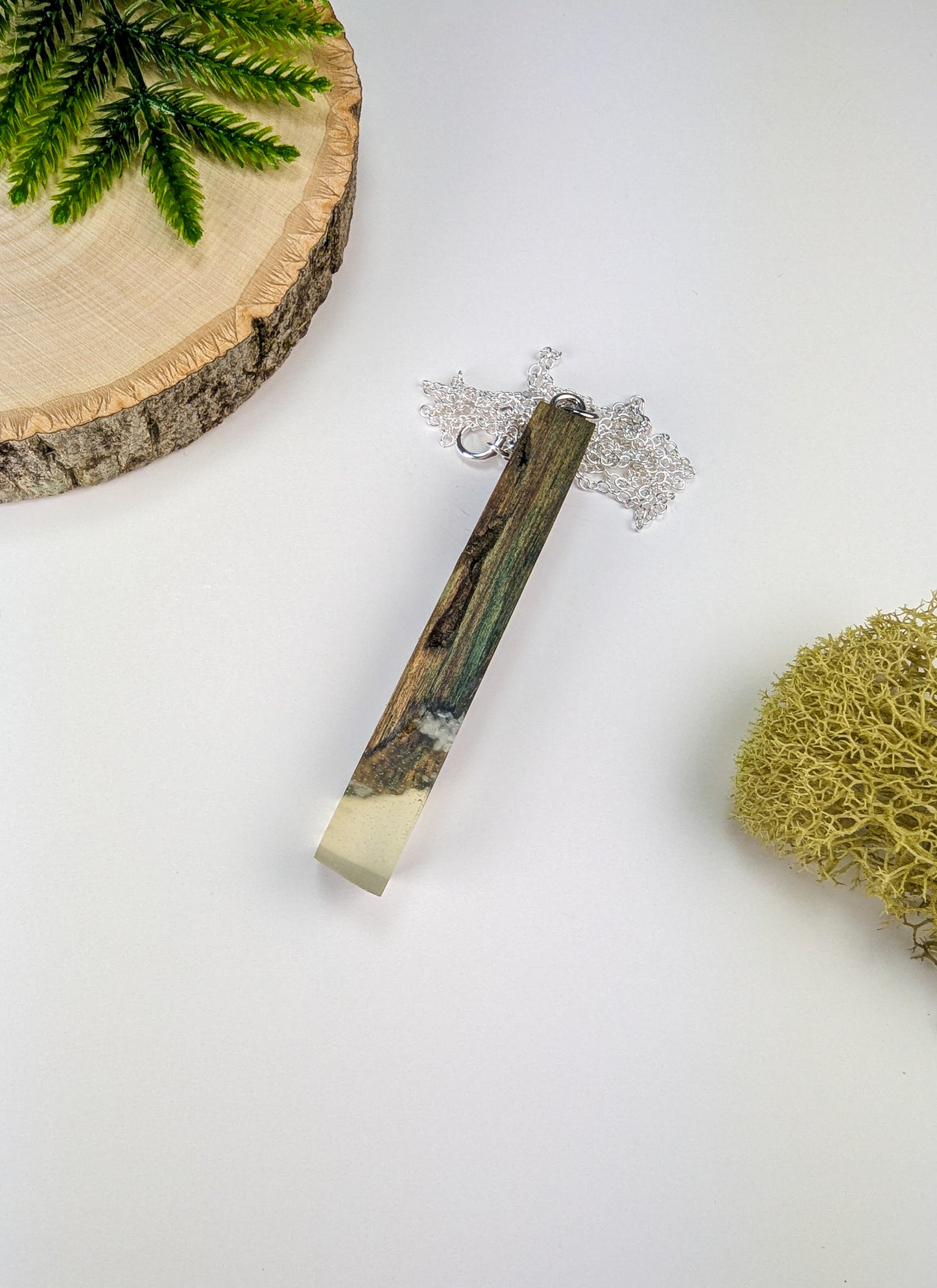 Chlorociboria Wood Pendant w/ Clear Epoxy and White Quartz