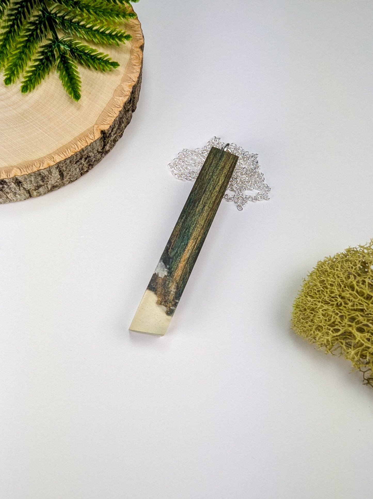 Chlorociboria Wood Pendant w/ Clear Epoxy and White Quartz