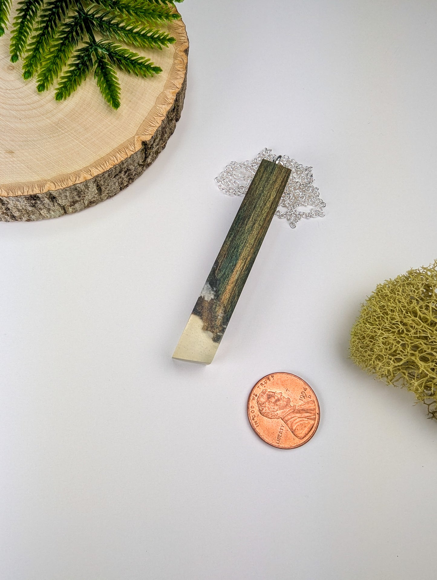 Chlorociboria Wood Pendant w/ Clear Epoxy and White Quartz