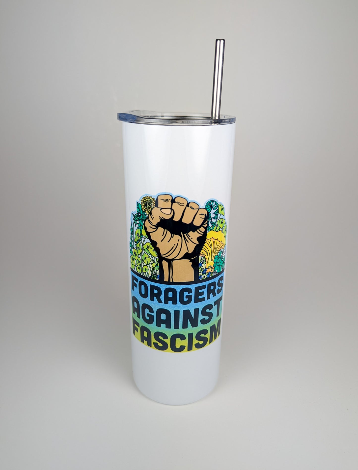 Foragers Against Fascism | 20oz Stainless Steel Skinny Tumbler | Anti-Oligarchy Artwork