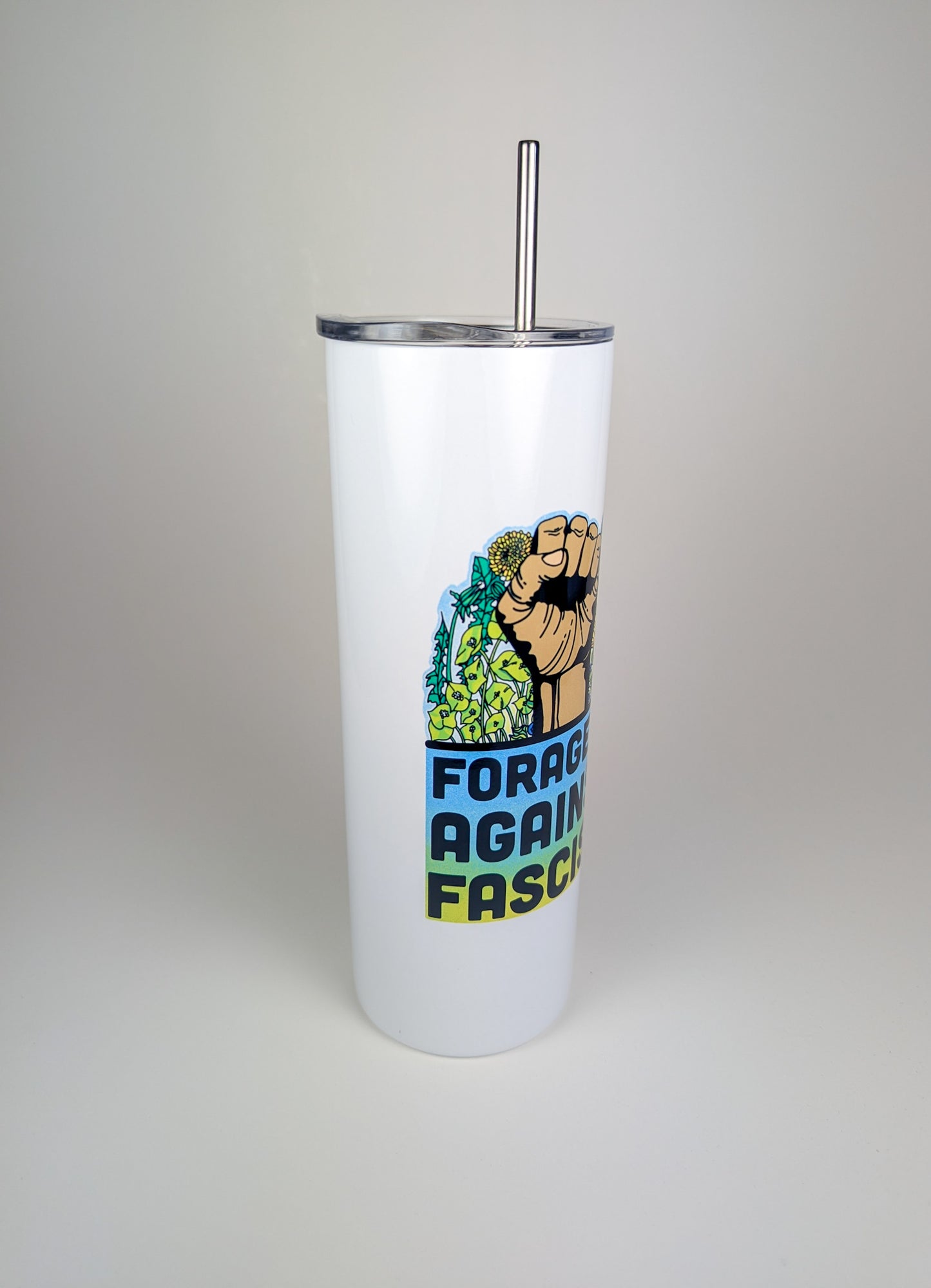 Foragers Against Fascism | 20oz Stainless Steel Skinny Tumbler | Anti-Oligarchy Artwork