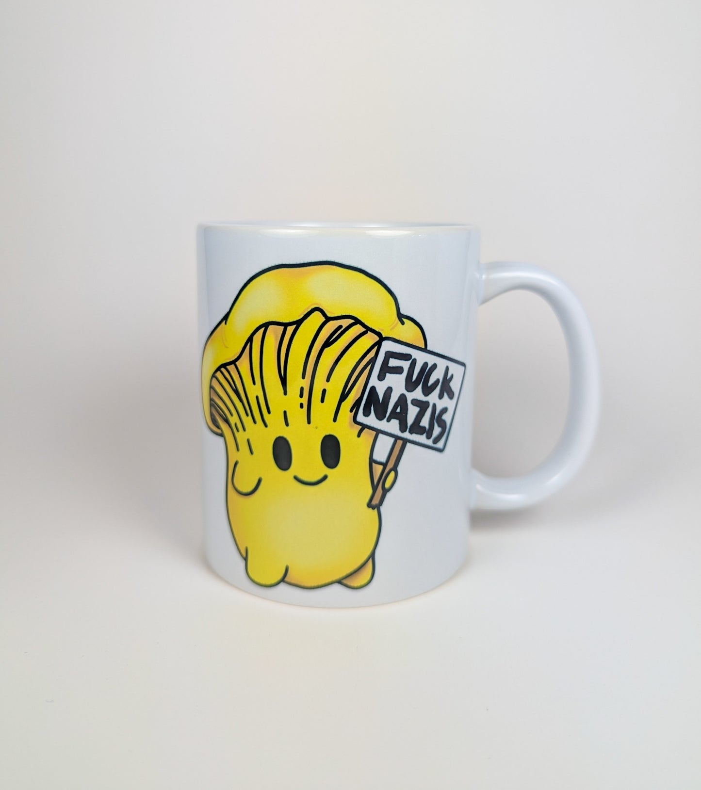 Fuck Nazis Chanterelle | Anti-Nazi Mushroom Mug | Mushroom Artwork on Ceramic Cup | 11oz/15oz Sizes
