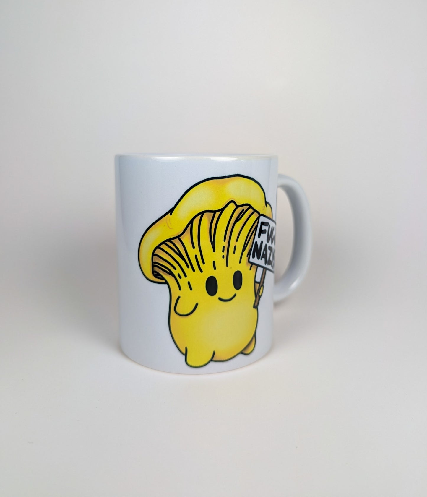 Fuck Nazis Chanterelle | Anti-Nazi Mushroom Mug | Mushroom Artwork on Ceramic Cup | 11oz/15oz Sizes